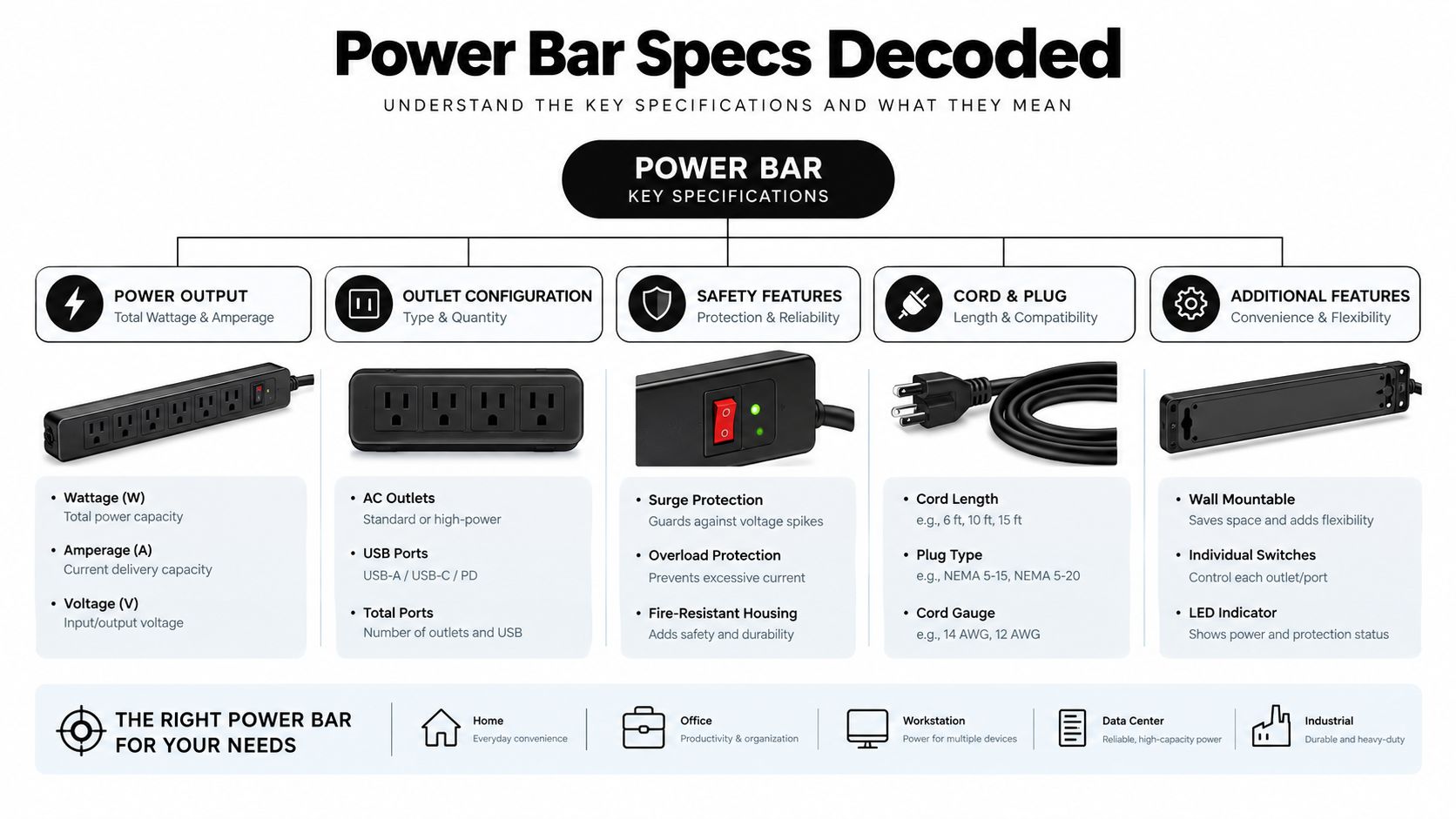 An infographic titled Power Bar Specs Decoded, detailing key features of electrical power strips for various needs.