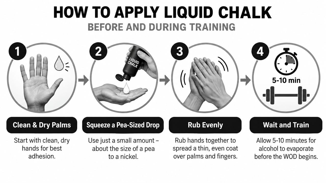 A four-step instructional guide on how to properly apply liquid chalk before a workout or training session.