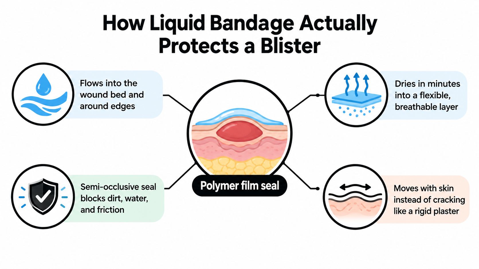 An infographic showing how a liquid bandage creates a protective, flexible, and breathable seal over a blister.
