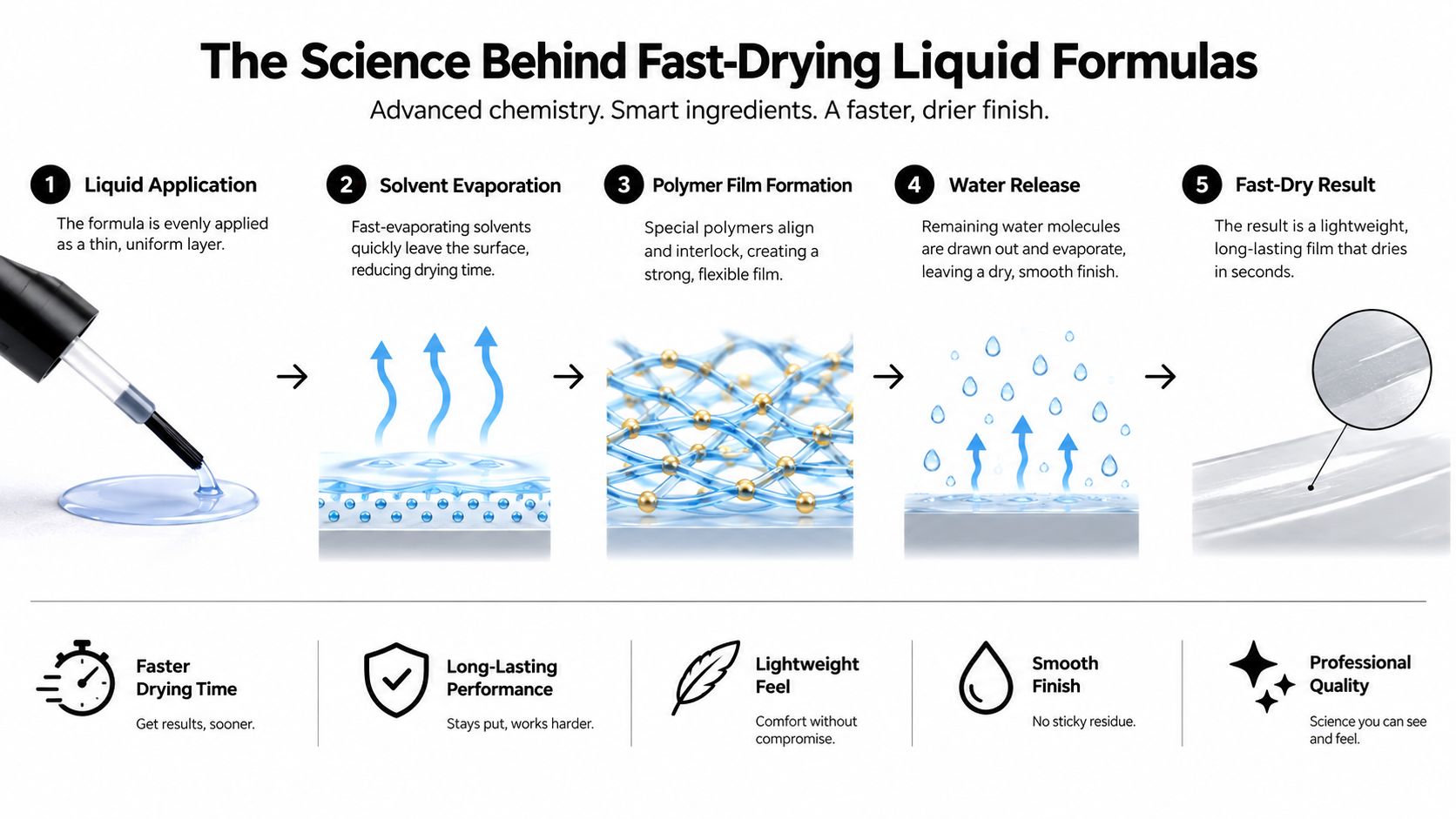 An infographic showing the five-step scientific process of how fast-drying liquid formulas work on surfaces.