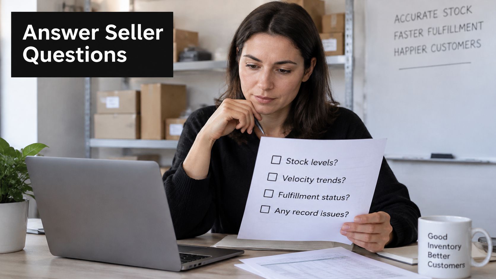 A professional woman reviewing inventory documentation while sitting at a desk with a laptop and supplies.