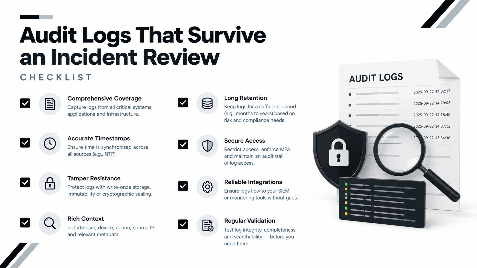 An infographic checklist outlining essential practices for maintaining secure and reliable audit logs for incident reviews.