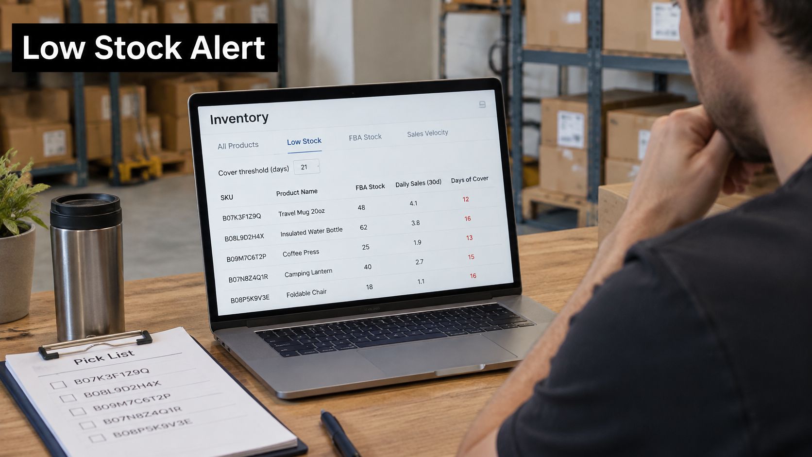 A warehouse manager reviewing low stock inventory alerts on a laptop screen while working at a desk.