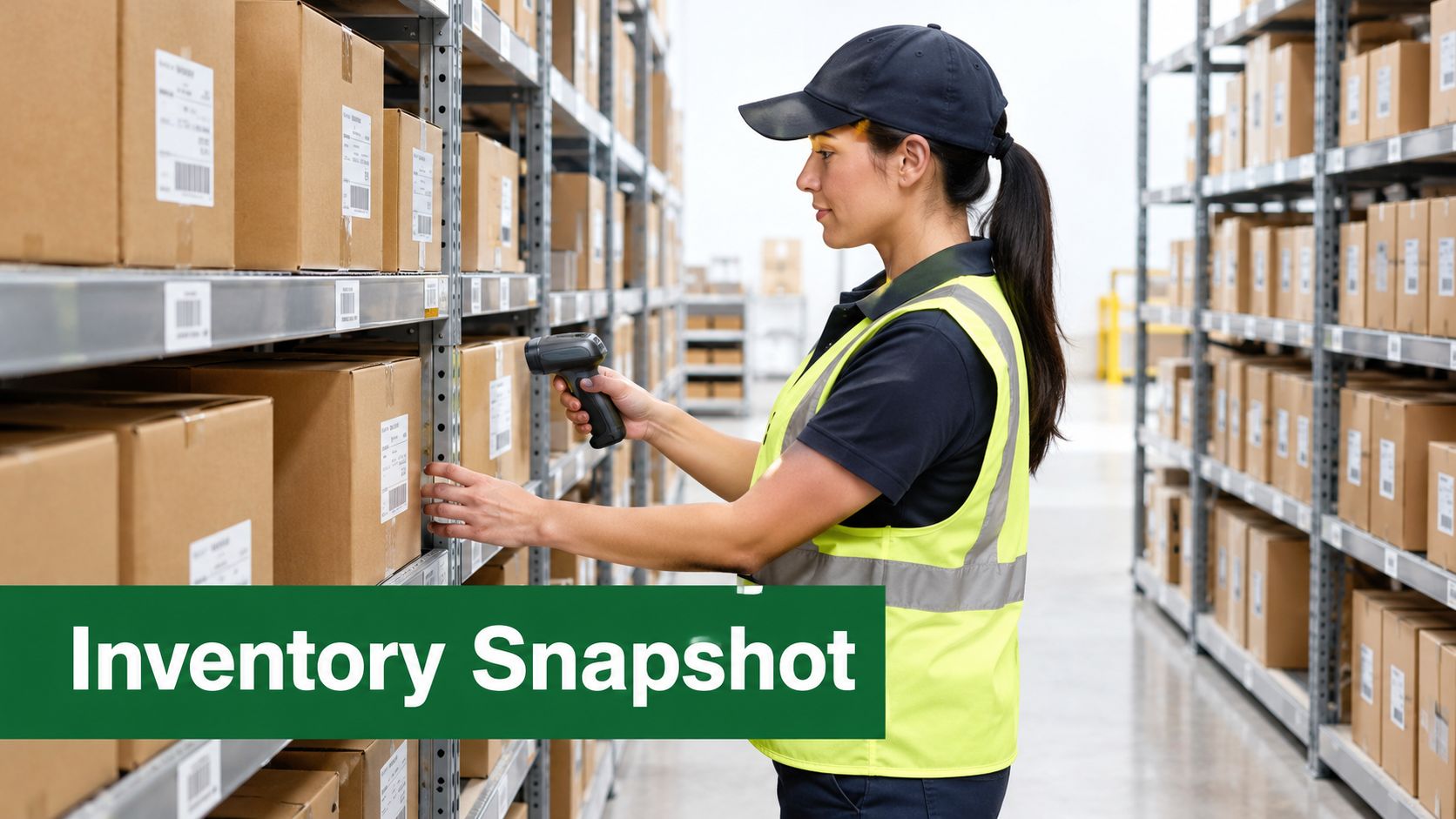 A warehouse worker in a high-visibility vest scans inventory items on shelves using a handheld scanner.