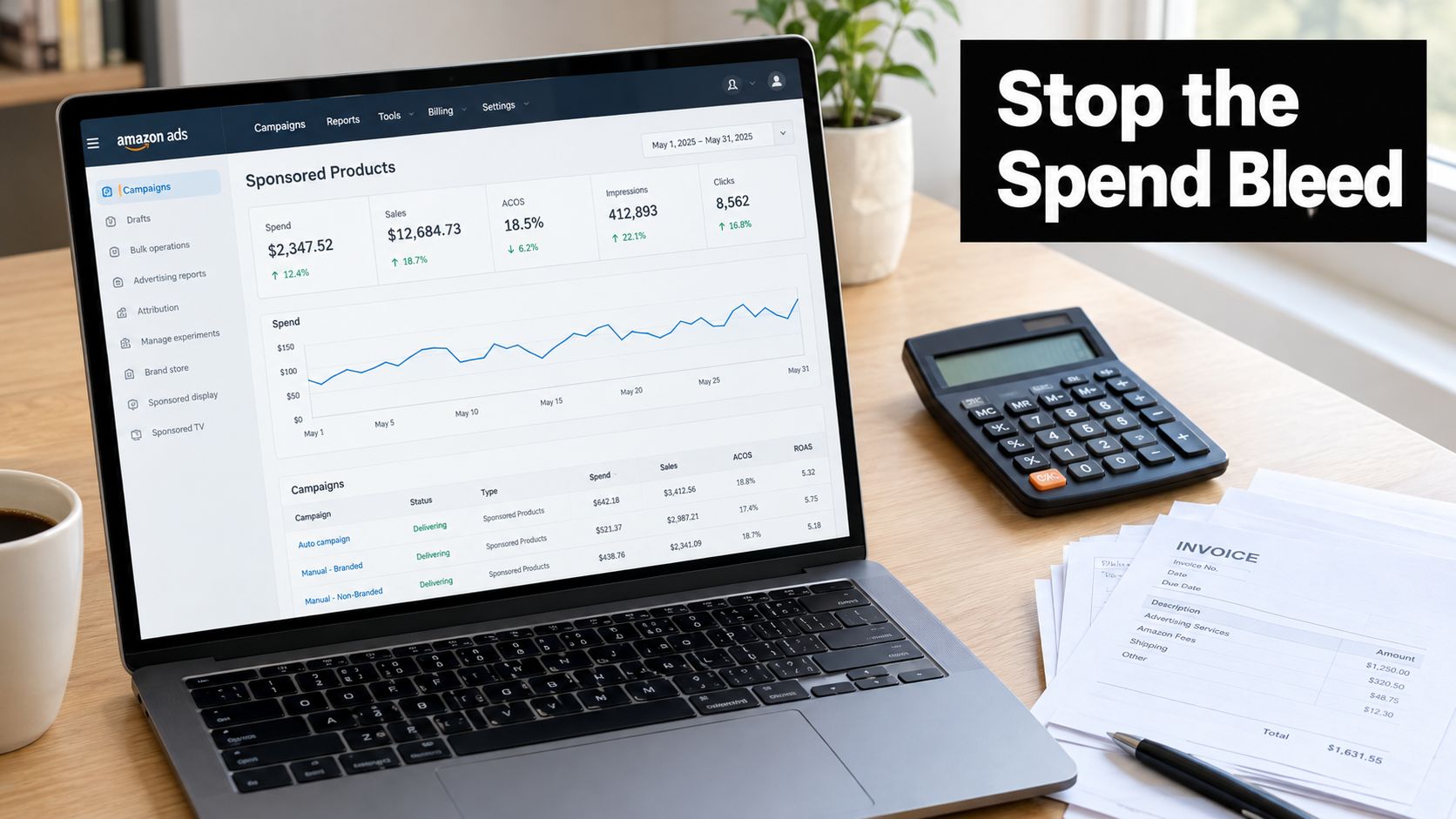 A laptop screen displaying an Amazon Ads campaign dashboard showing advertising spend, sales, and performance metrics.