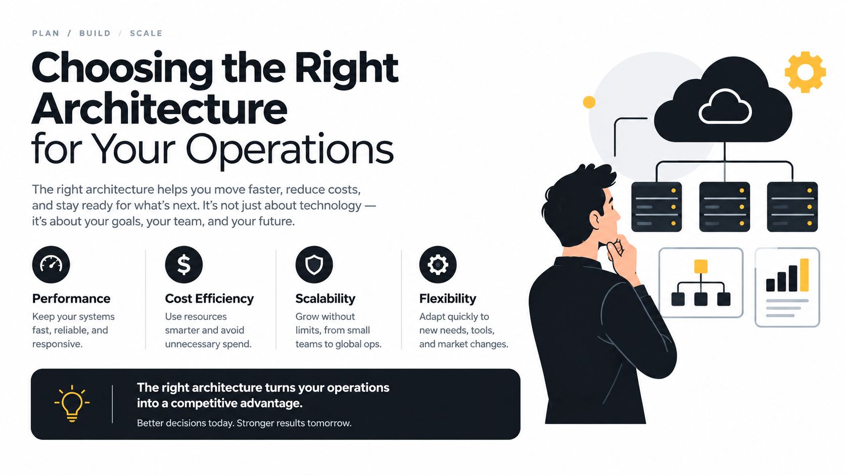 A professional analyzing IT infrastructure architecture to improve performance, cost efficiency, scalability, and operational flexibility.