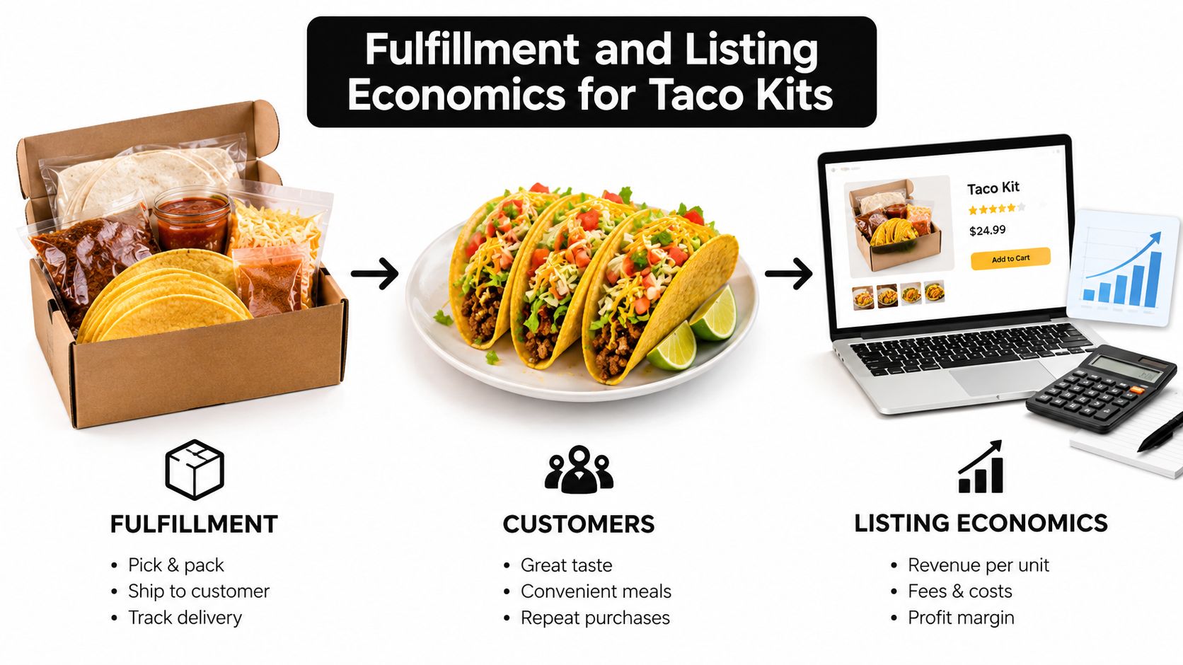 A diagram illustrating the process from taco kit fulfillment to customer satisfaction and online listing economics analysis.