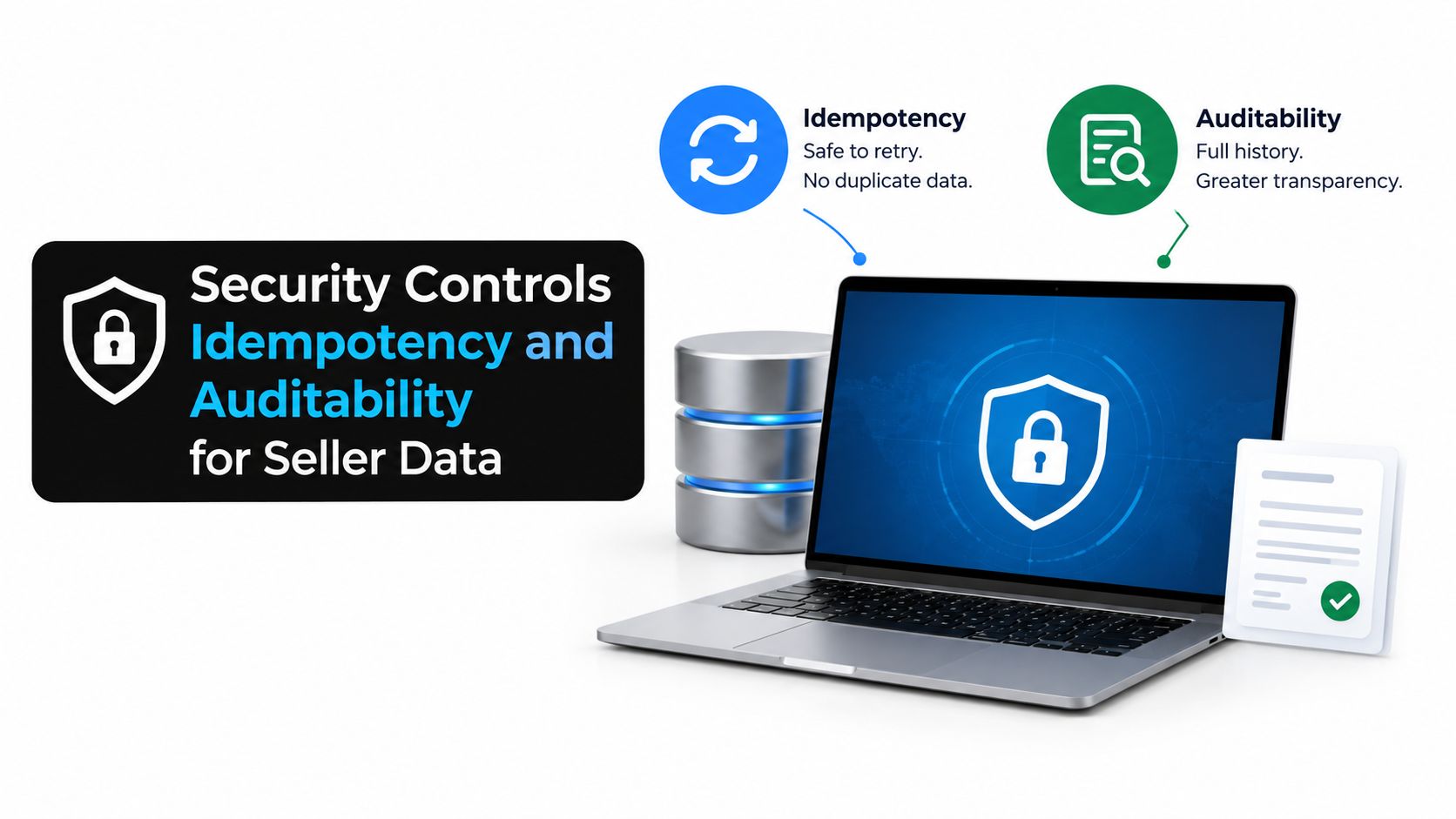 A digital graphic showcasing security controls for seller data featuring concepts of idempotency and auditability for businesses.