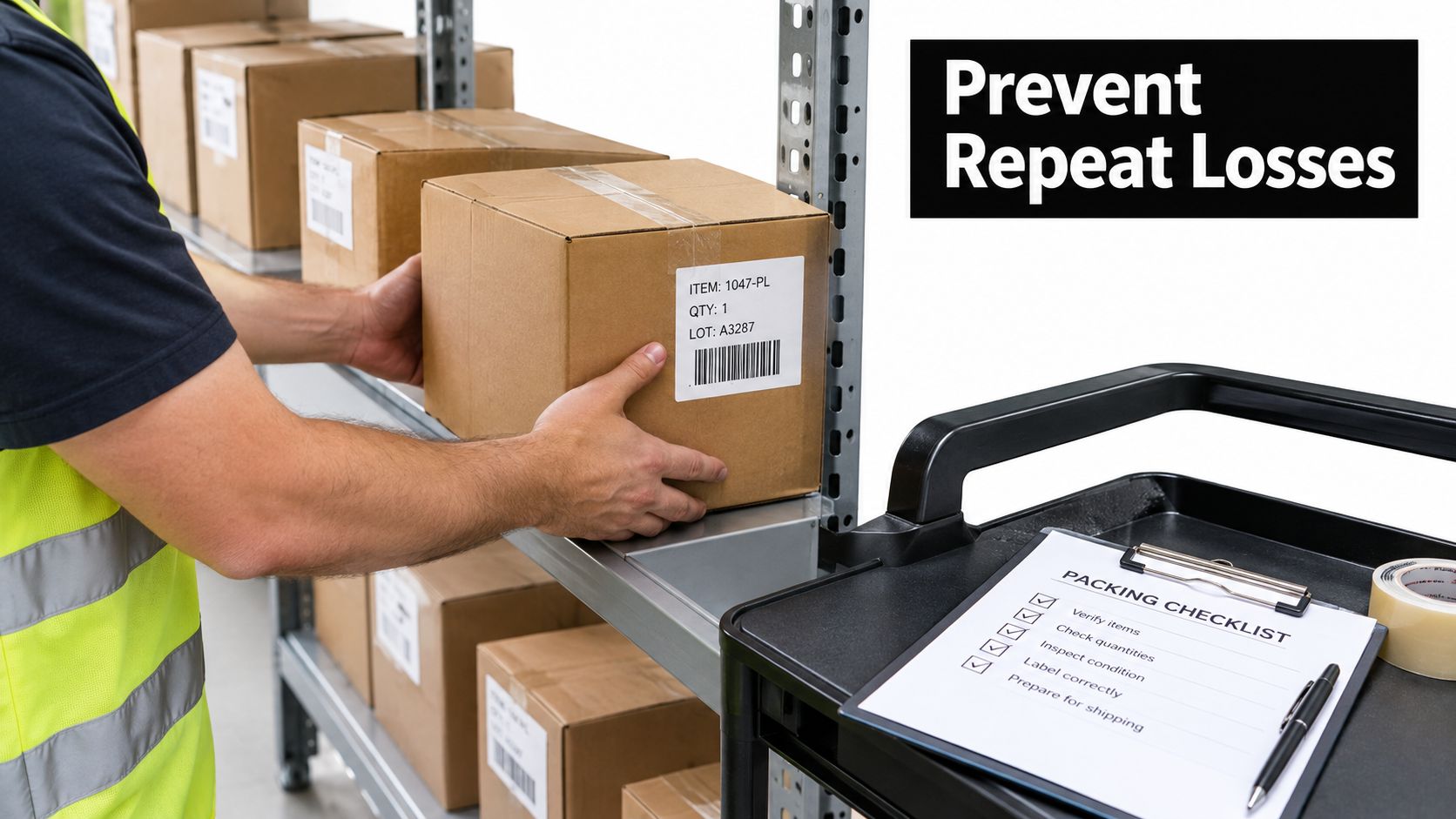 A warehouse worker organizing cardboard shipping boxes on metal shelves while checking off a packing checklist.