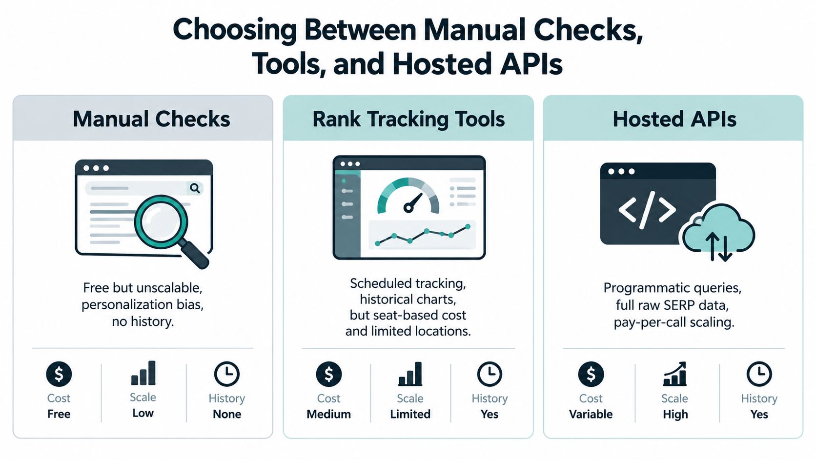 A comparison chart showing the pros and cons of using manual checks, rank tracking tools, and hosted APIs.