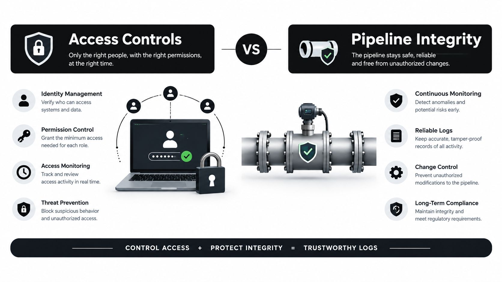 A diagram comparing access controls and pipeline integrity to highlight the importance of achieving trustworthy audit logs.