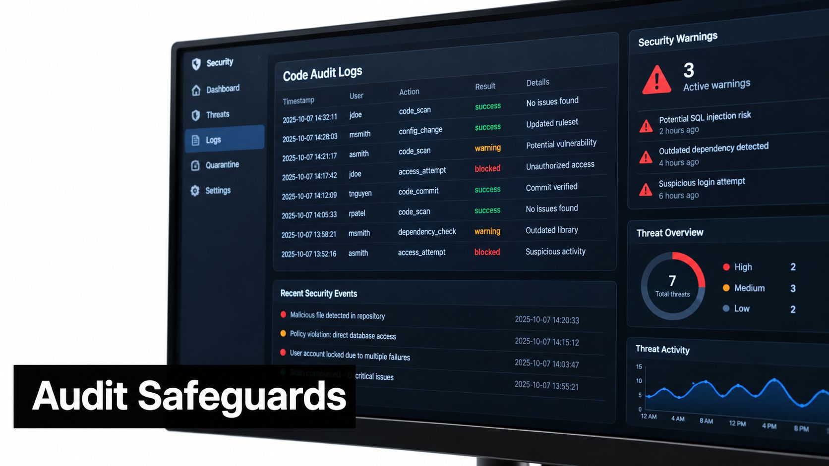 A digital security dashboard displaying code audit logs, recent security events, and active threat warnings on a screen.