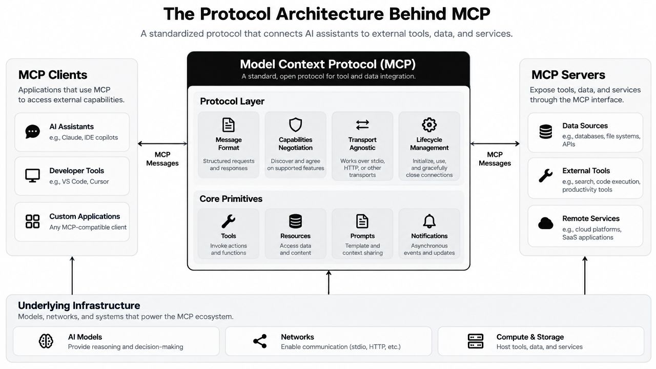 A diagram illustrating the Model Context Protocol architecture, showing how MCP clients and servers interact.