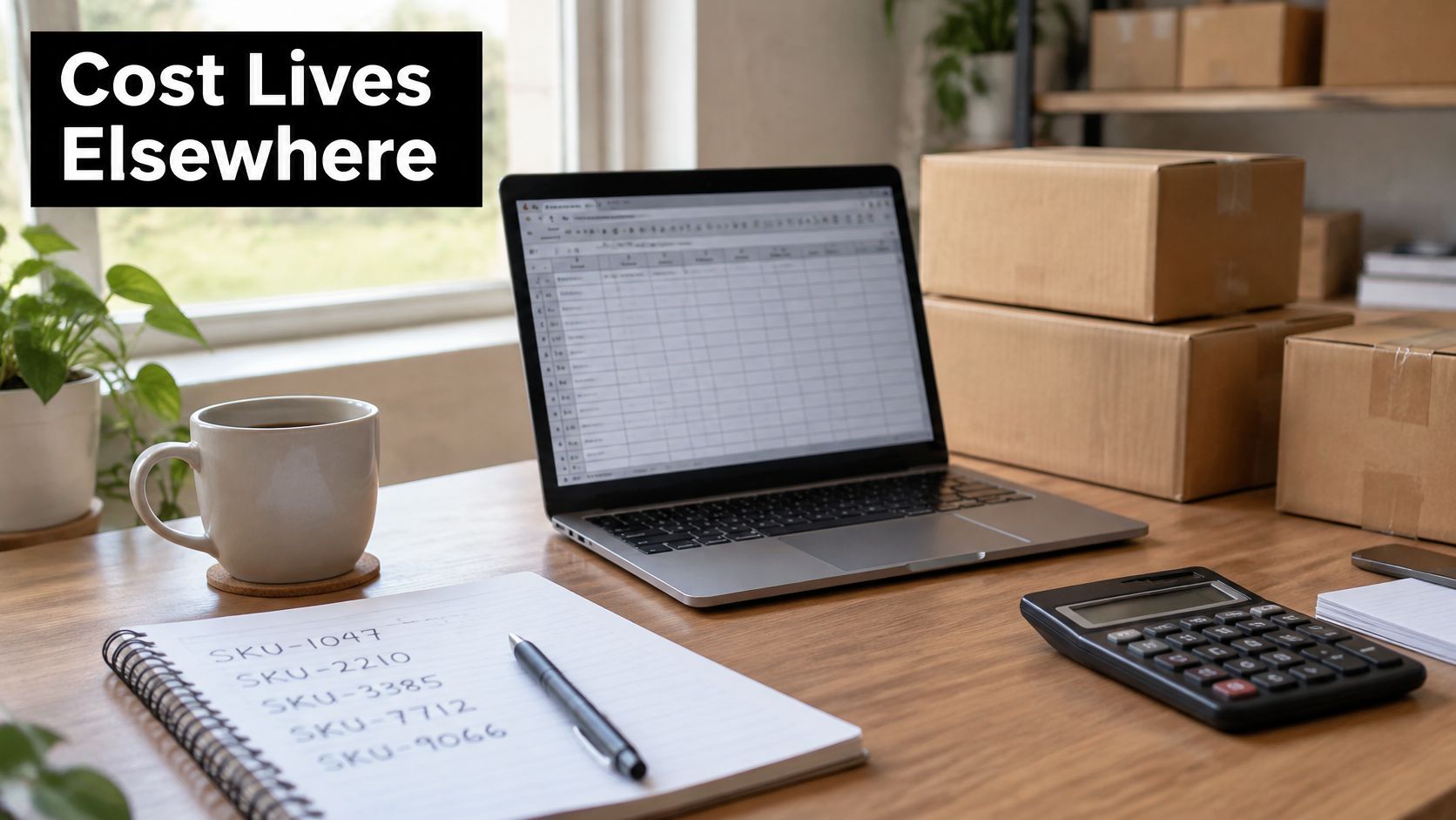 A wooden desk workspace featuring a laptop, calculator, notepad with SKU numbers, and shipping boxes for e-commerce.