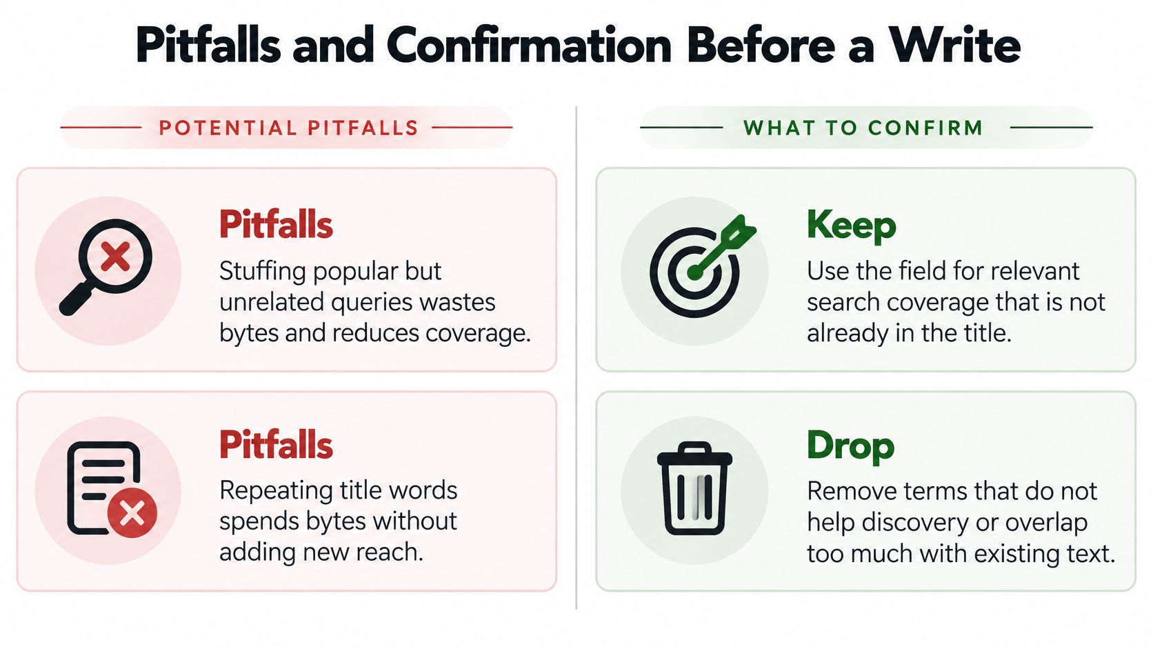 A visual guide explaining how to optimize back end keywords by avoiding stuffing and repetitive terms.