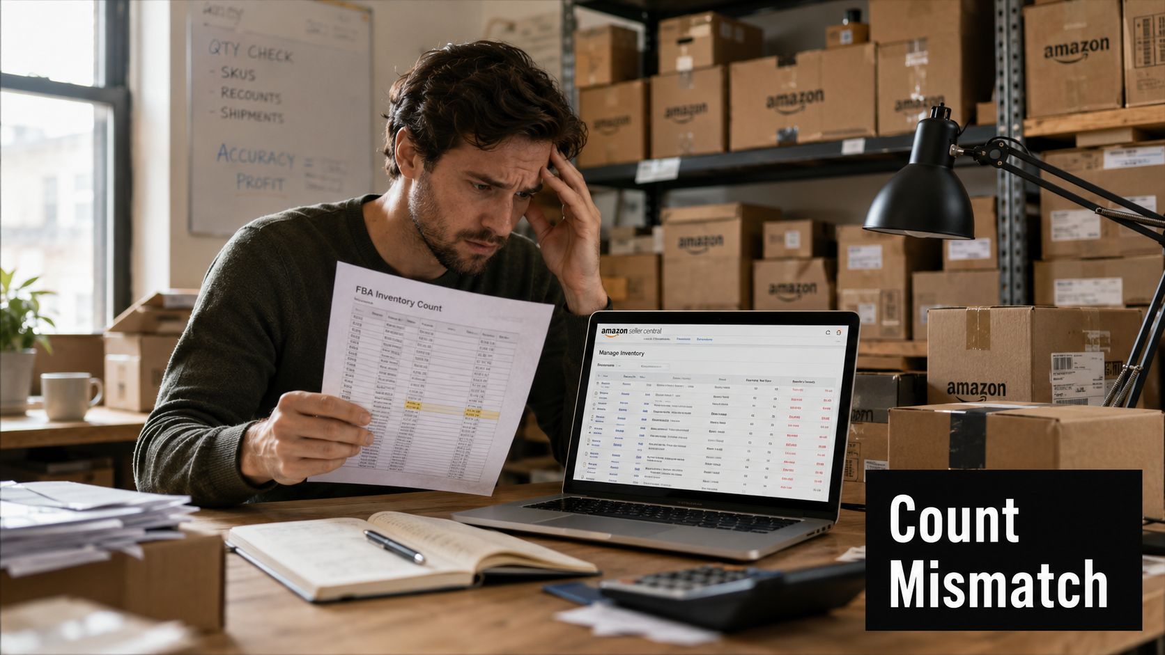 A stressed man reviews an Amazon FBA inventory document while looking at his laptop in a warehouse.
