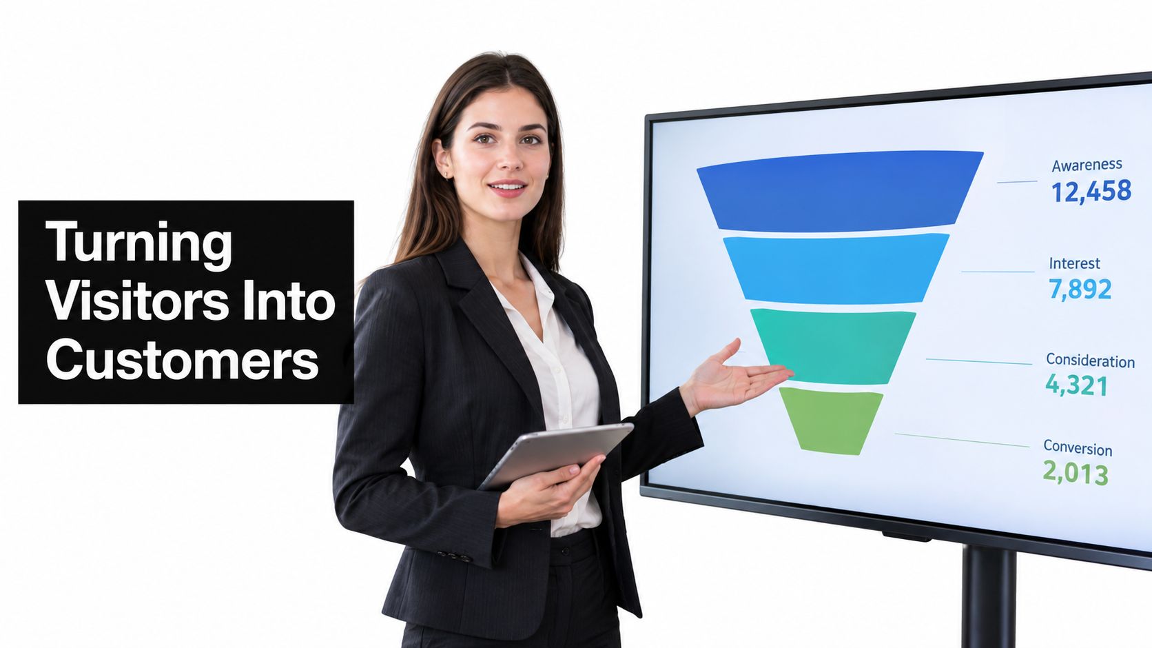 A professional businesswoman pointing at a sales funnel chart visualizing customer journey data on a large screen.
