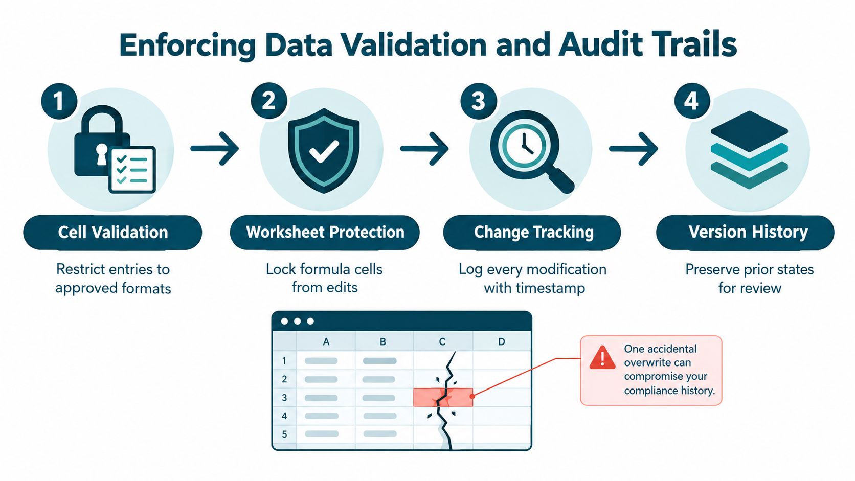 An infographic showing four steps for enforcing data validation and audit trails in a spreadsheet software.