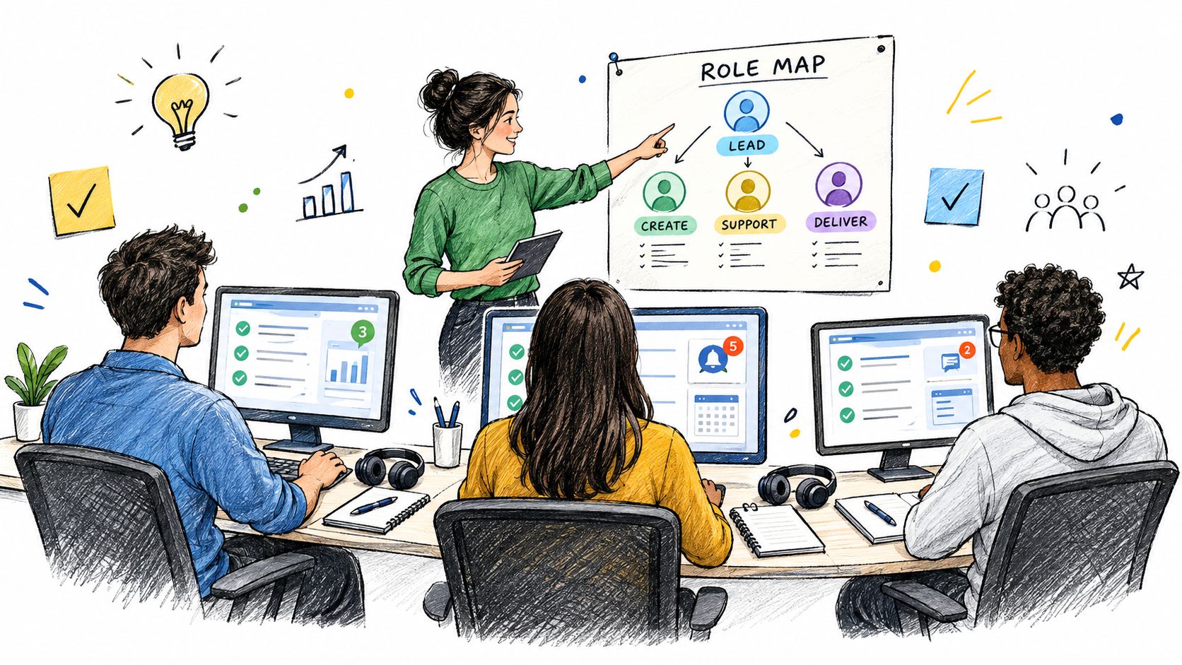 A woman presenting a team role map on a whiteboard to three employees working on computers.