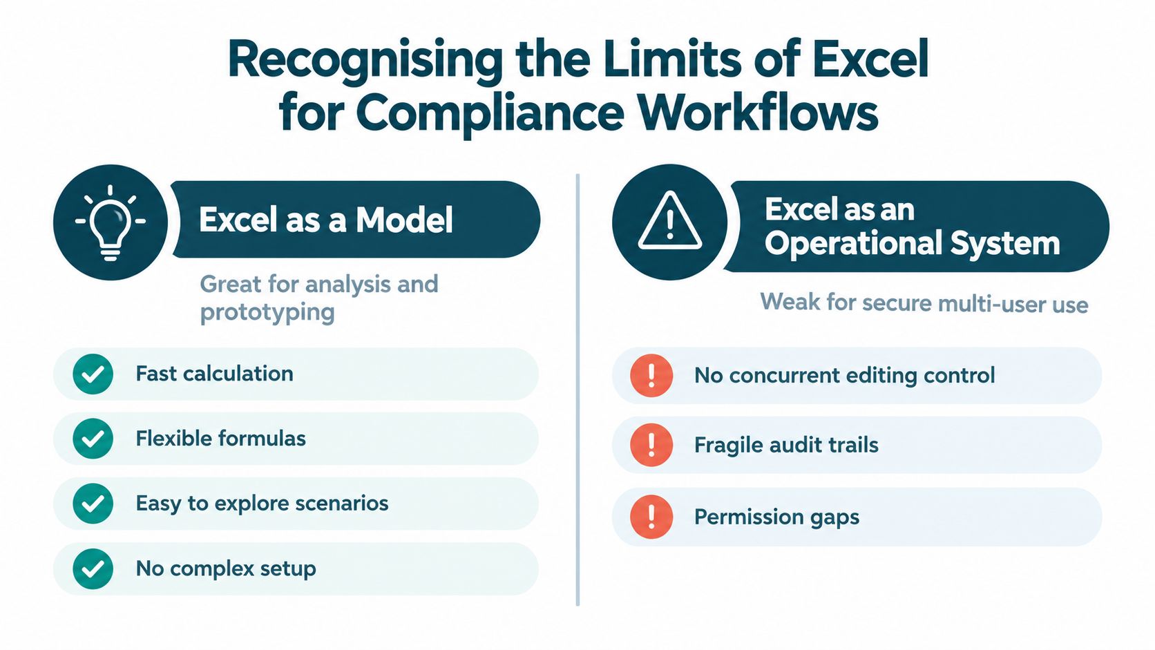 A comparison infographic showing Excel as a flexible model versus its limitations as an operational compliance system.