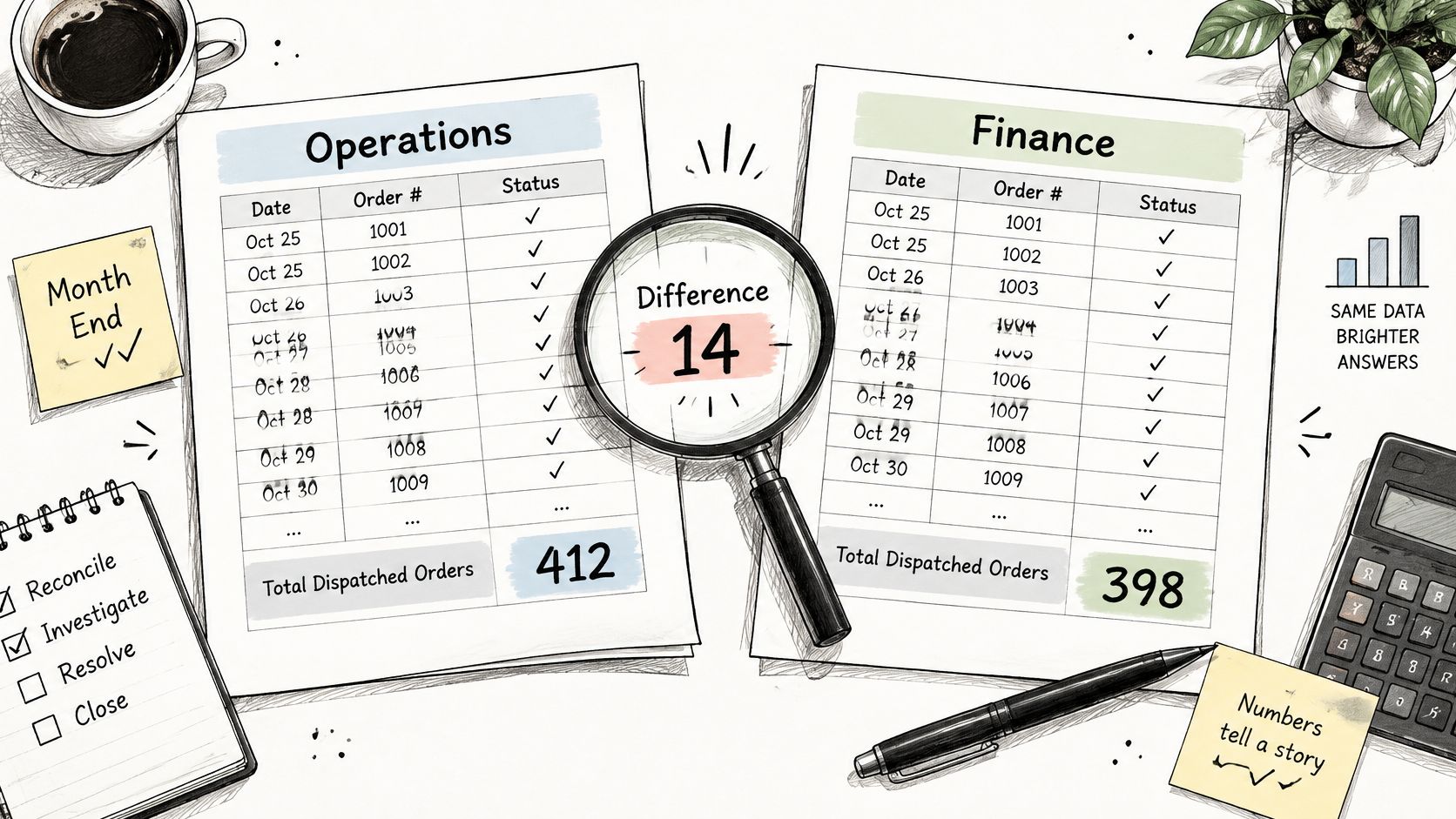 A workspace showing a magnifying glass revealing a data discrepancy between Operations and Finance department spreadsheets.