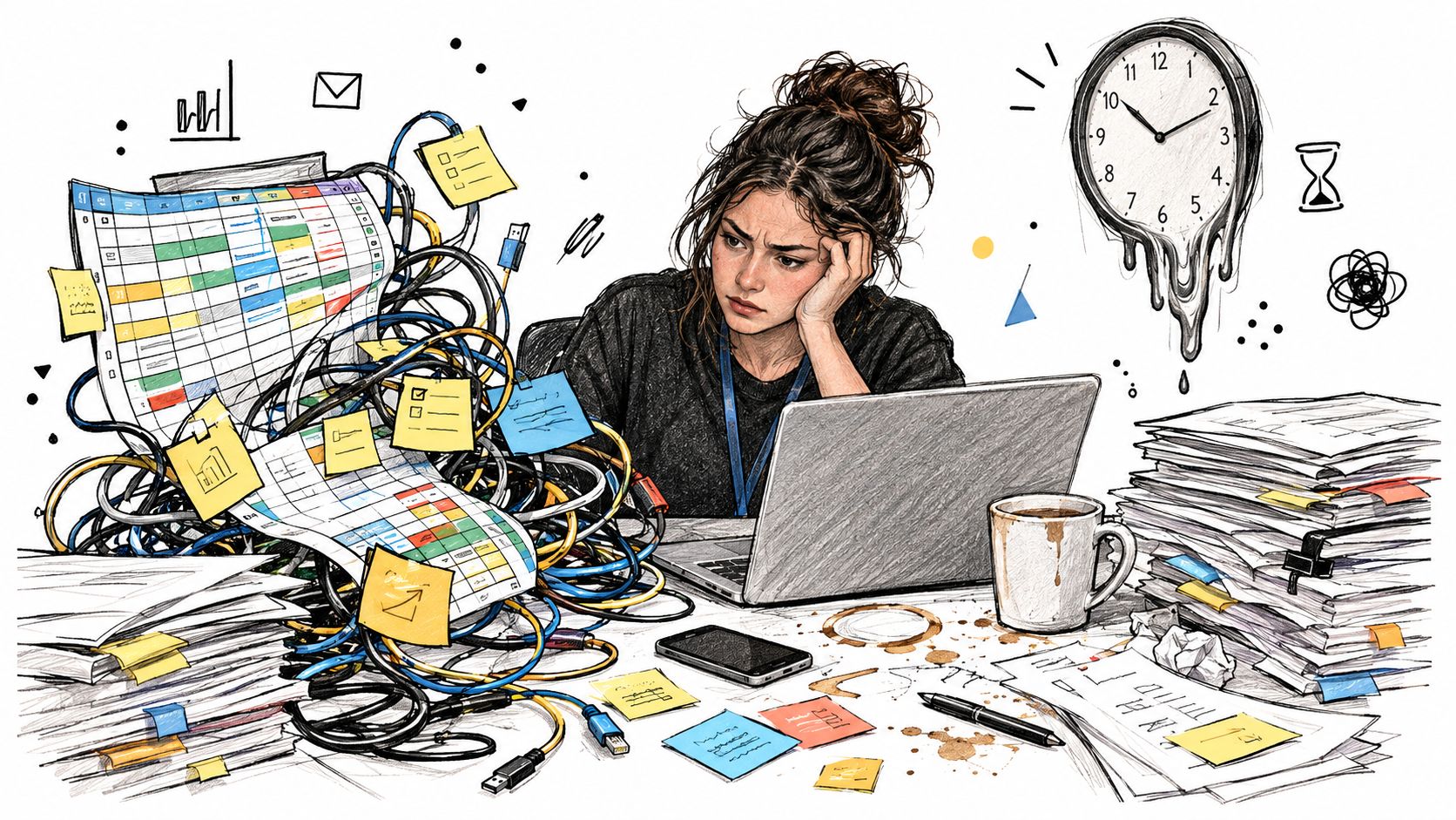 A stressed office worker overwhelmed by messy cables, spreadsheets, and piles of documents at her desk.
