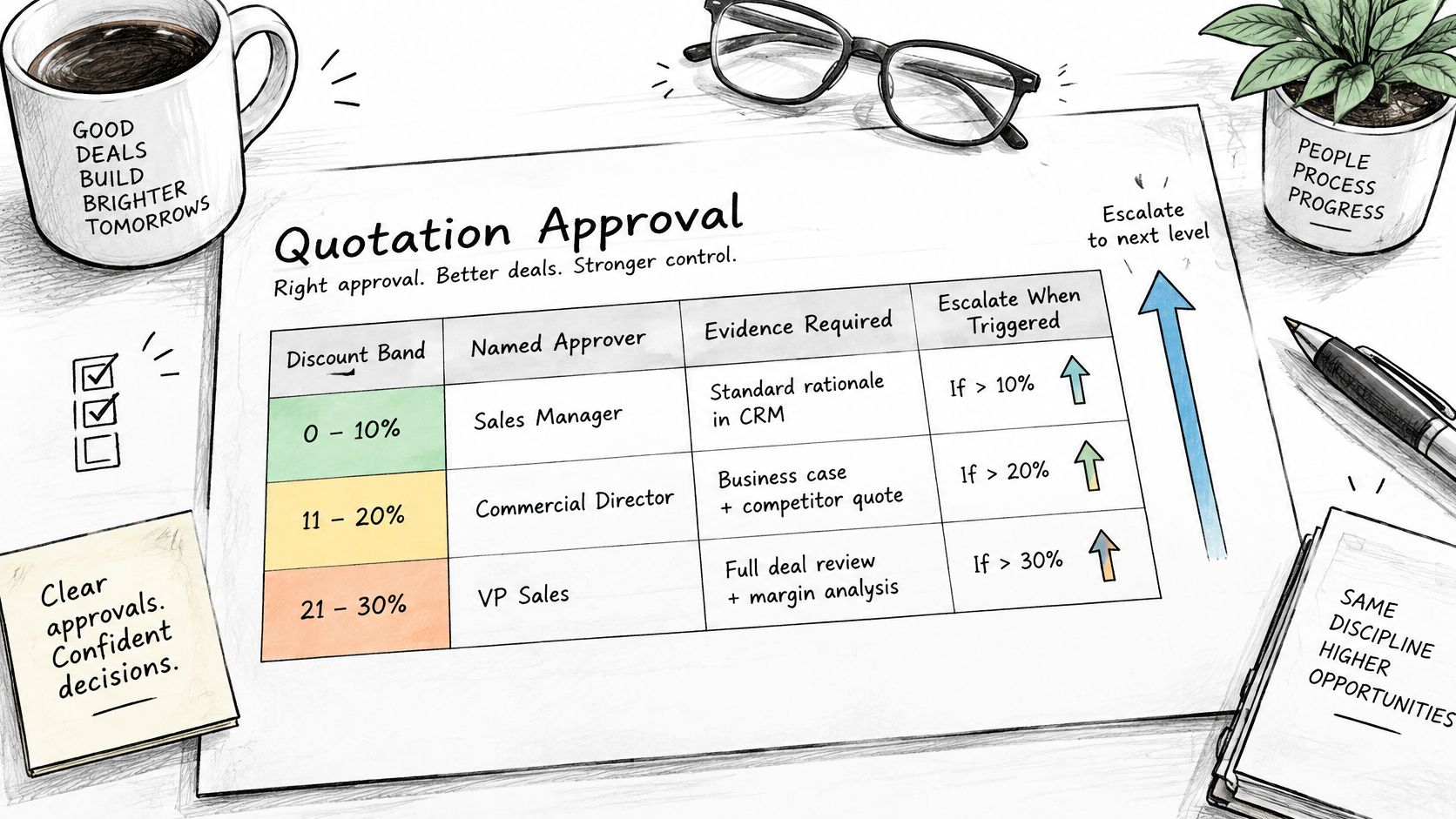 An illustration showing a quotation approval table with discount bands, approvers, and escalation requirements on a desk.