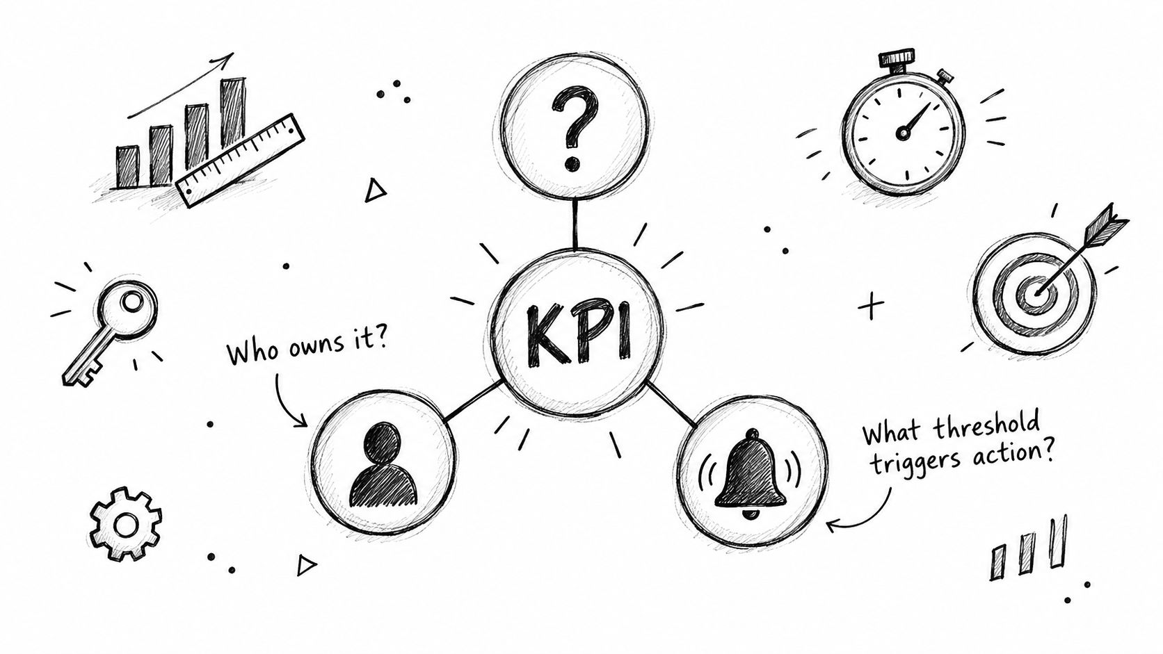 A hand-drawn diagram illustrating key performance indicator components including ownership, thresholds, and strategic goal setting metrics.