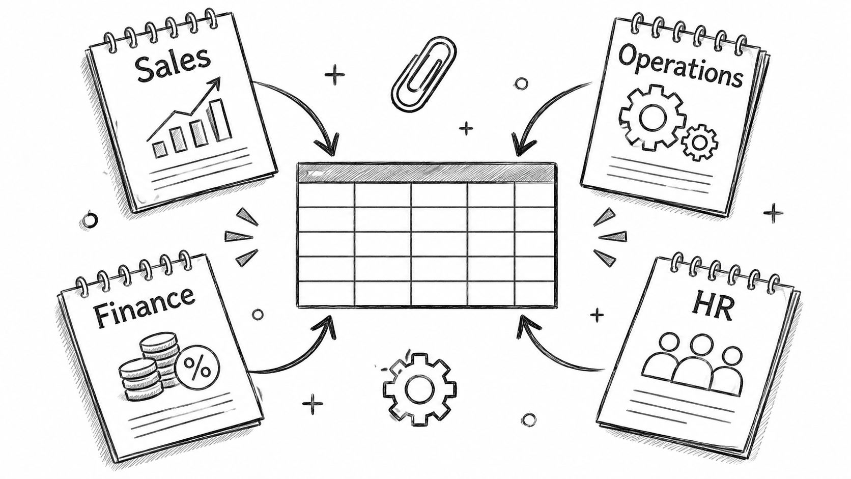 A hand-drawn sketch showing four business departments, Sales, Operations, Finance, and HR, feeding data into a central spreadsheet.