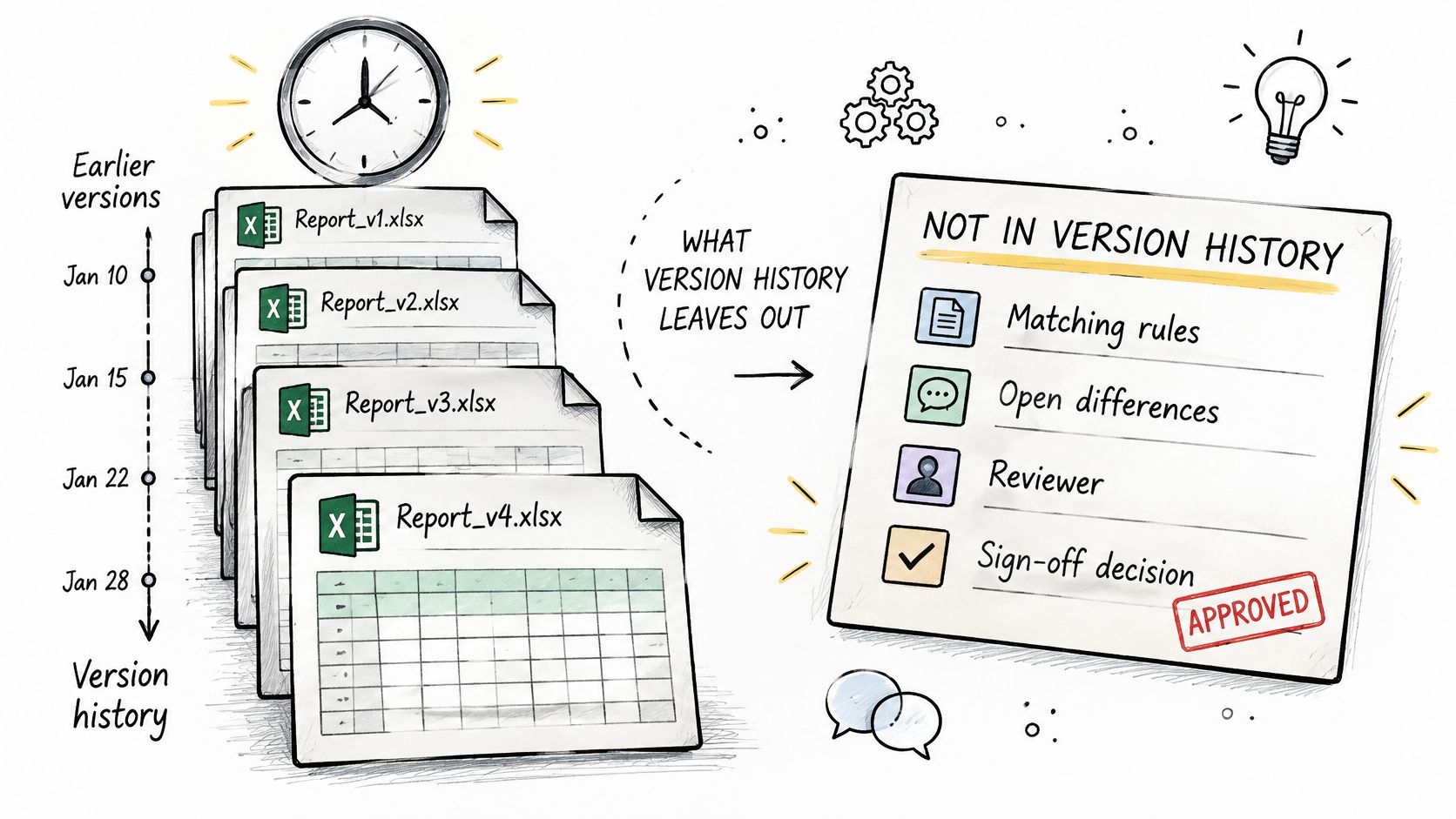 A diagram illustrating the limitations of file version history for spreadsheets, highlighting missing contextual data like approvals.