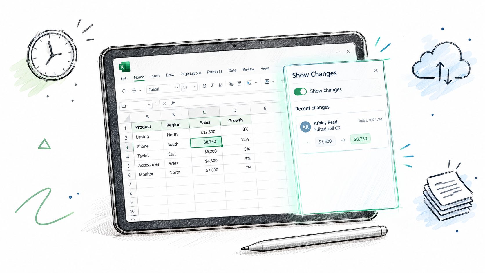 Excel workbook showing recent changes to cells in a shared spreadsheet