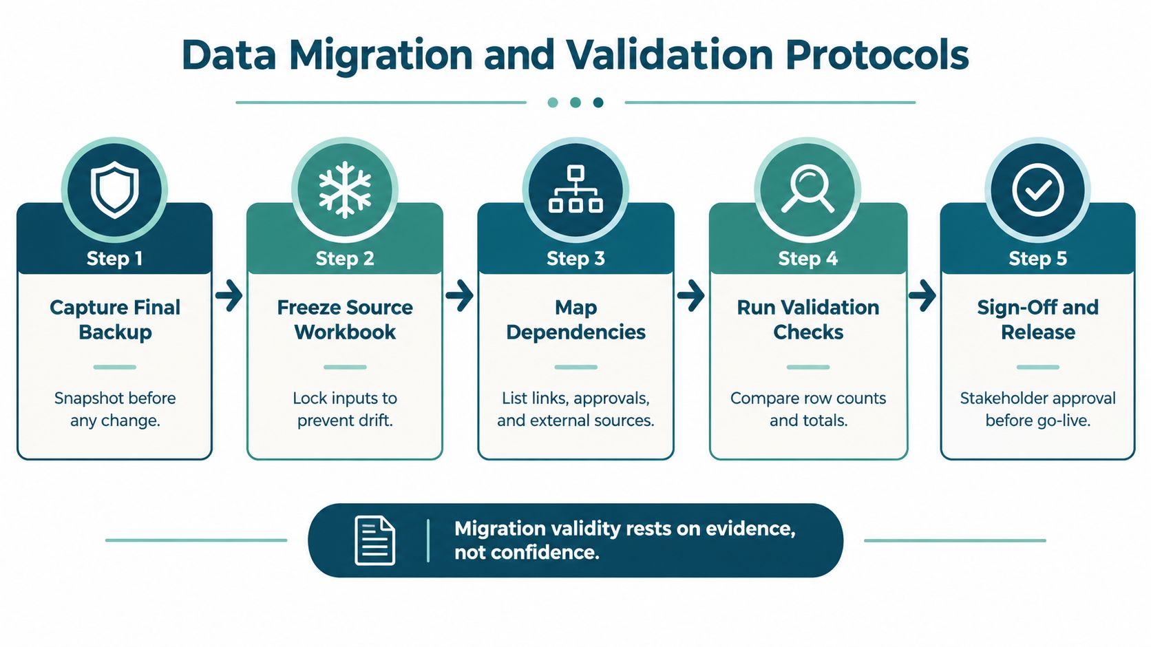 A five-step flowchart illustrating a structured process for data migration and validation protocols in business operations.