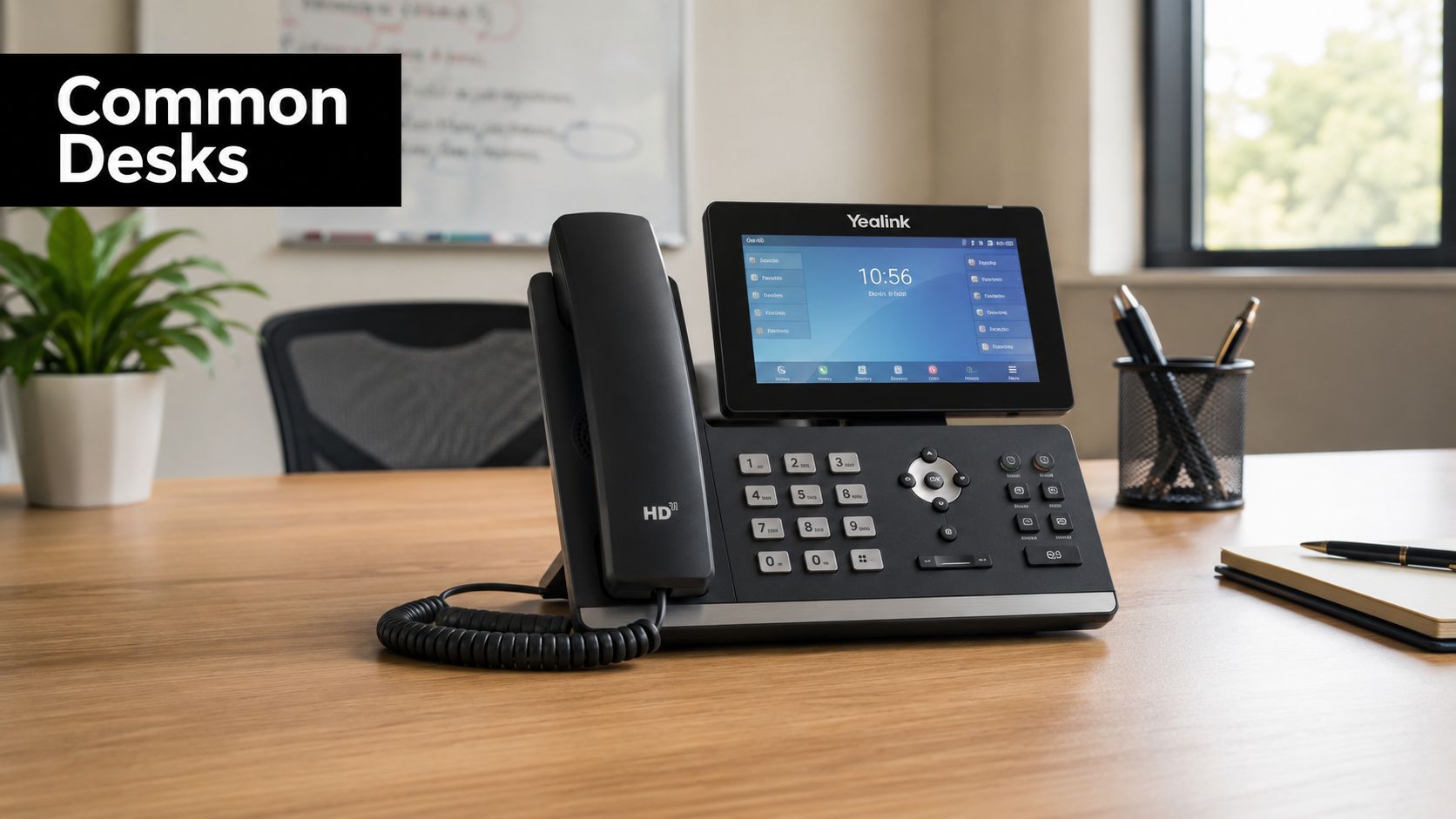 A modern Yealink office desk phone sitting on a wooden desk next to a plant and pen holder.