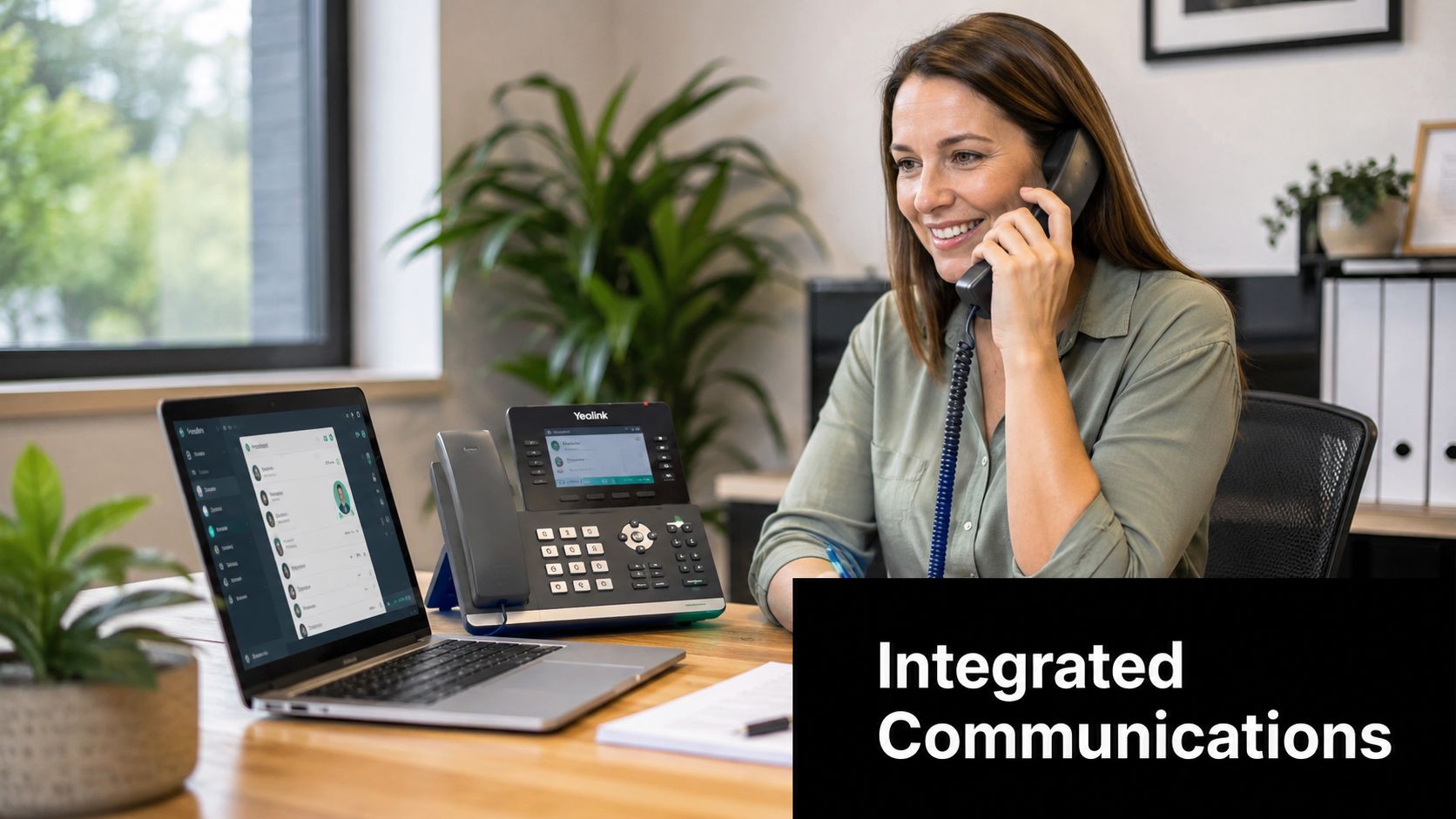 A professional woman talking on a Yealink office phone while working at a desk with a laptop.