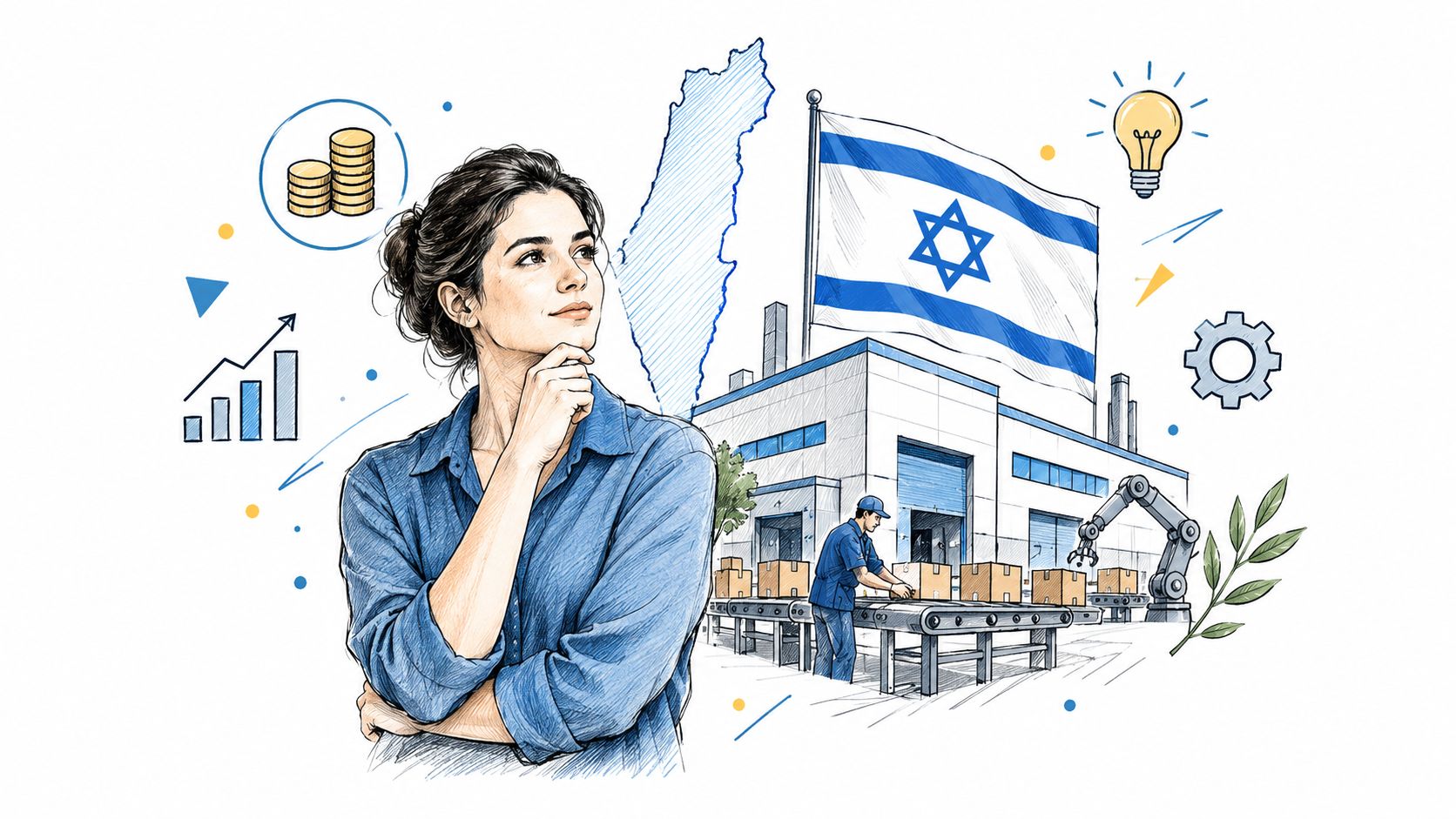אישה חושבת על עתיד התעשייה והייצור האלקטרוני בישראל עם סמלים של חדשנות, צמיחה כלכלית ומפעלים מודרניים.