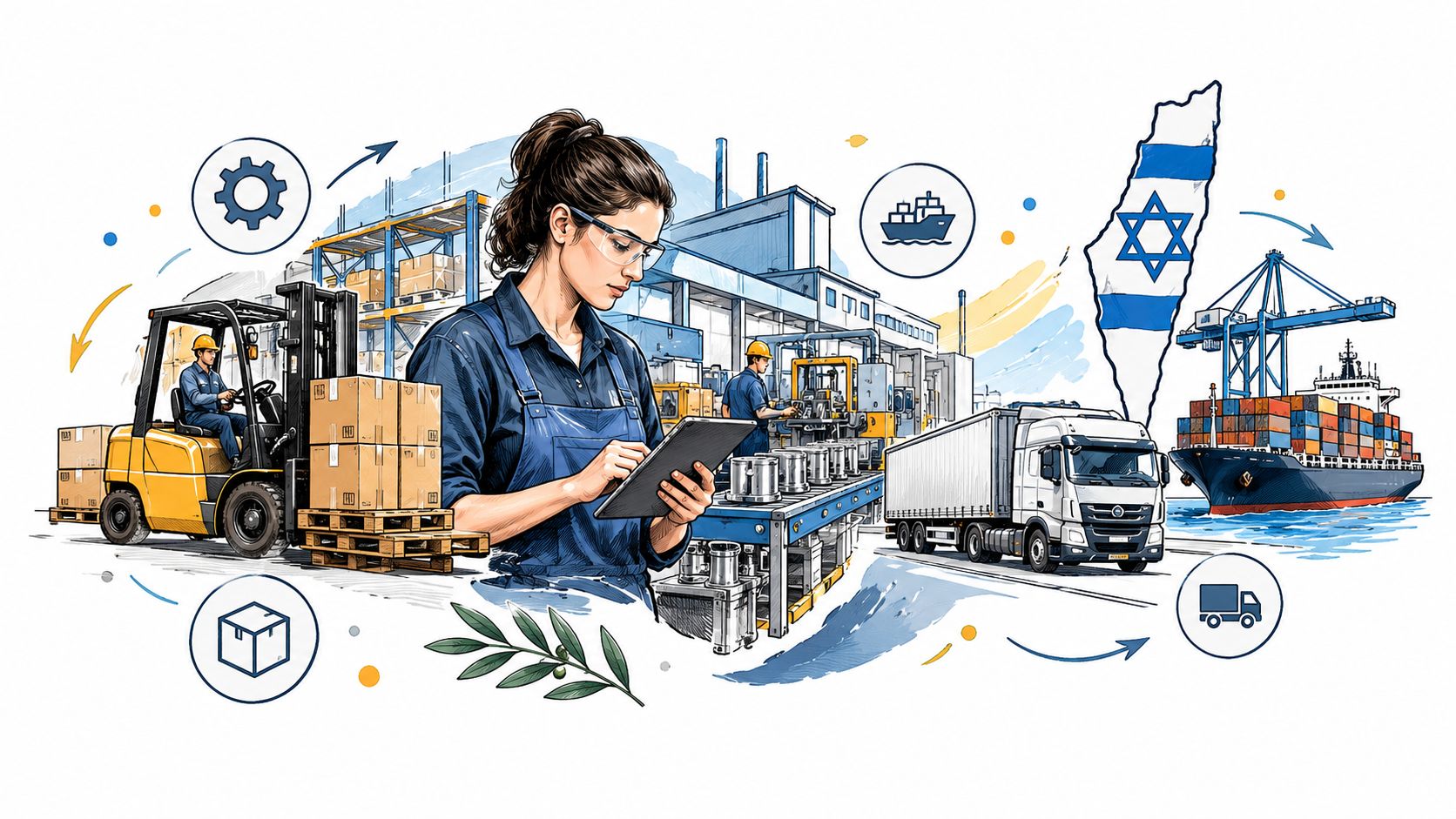 אישה עובדת במפעל עם טאבלט, לצד מלגזה, משאית ומכולות ספינה עם דגל ישראל, מייצגת שרשרת אספקה ולוגיסטיקה.