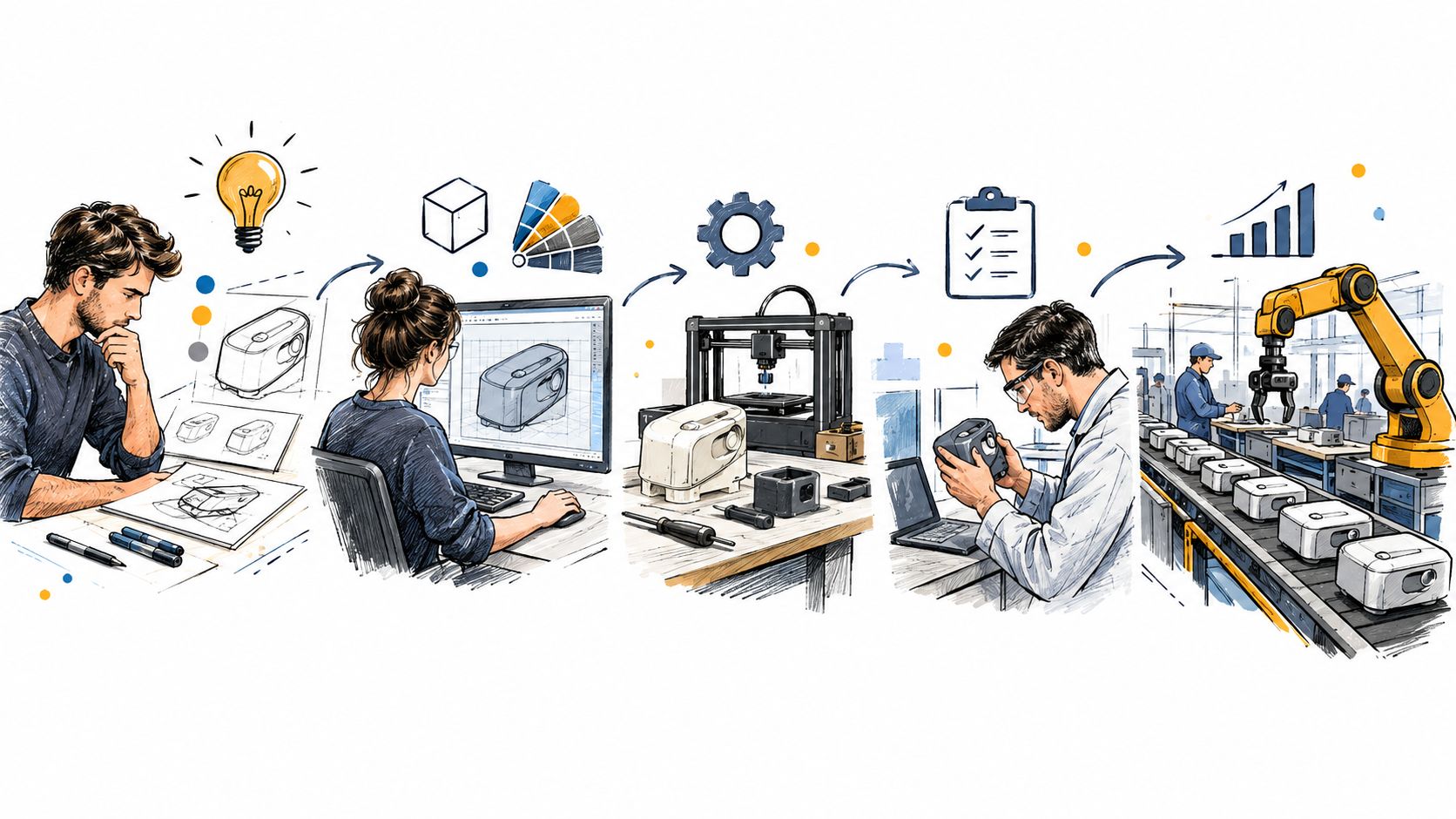 איור סכמטי המציג תהליך ייצור תעשייתי החל משלב הרעיון, העיצוב הממוחשב, ההדפסה בתלת-ממד ועד לקו הייצור האוטומטי.