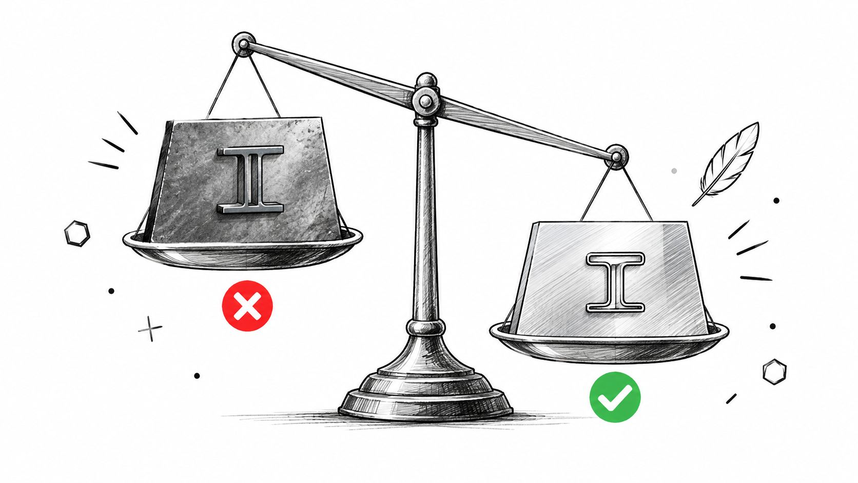 איור של מאזניים המשווים בין עבודת פח איכותית עם סימון וי לבין עבודה לקויה עם סימון איקס