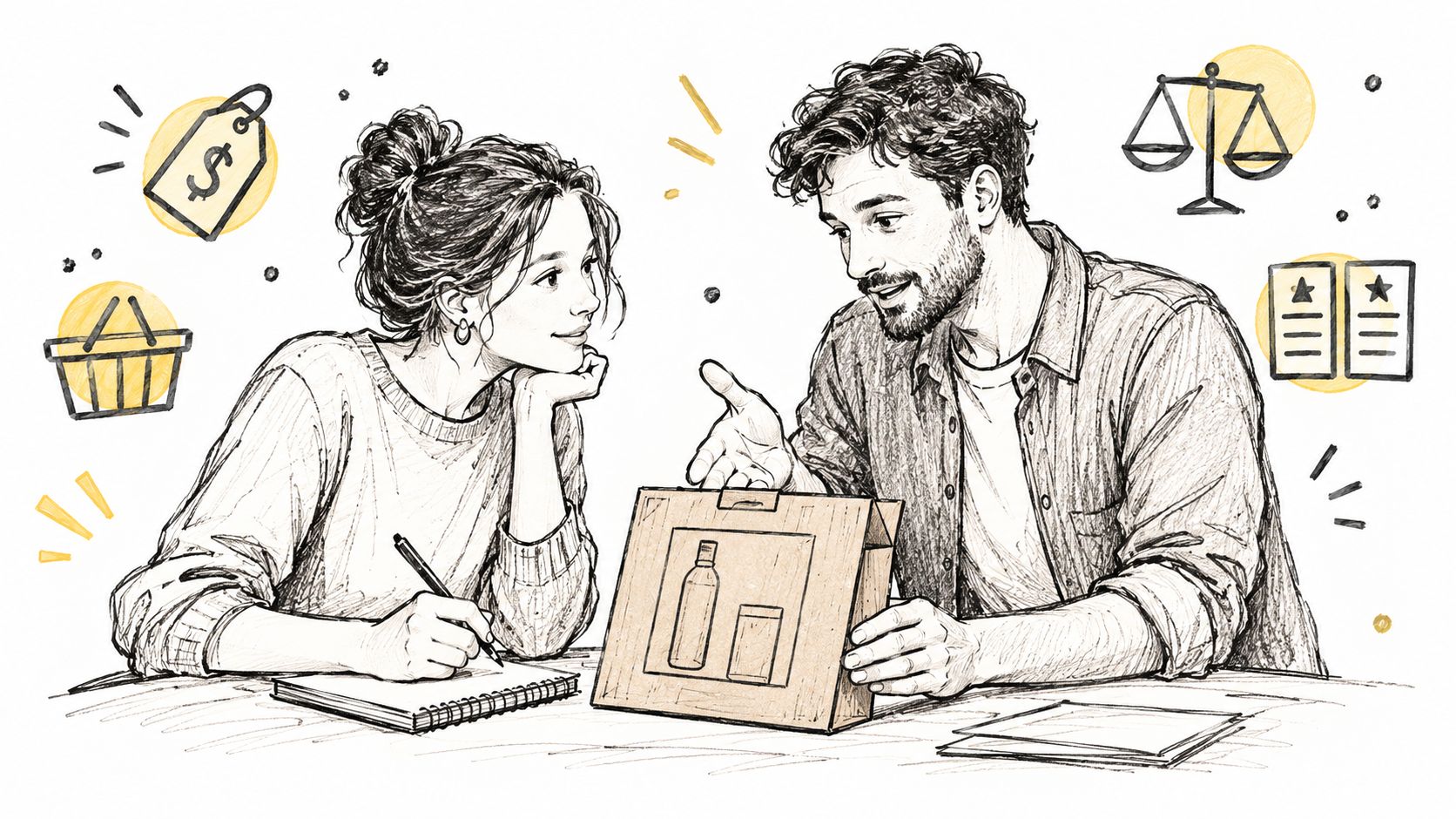 אישה וגבר יושבים ליד שולחן ודנים בתוכנית עסקית לפיתוח מוצר חדש המופיע על גבי אריזה