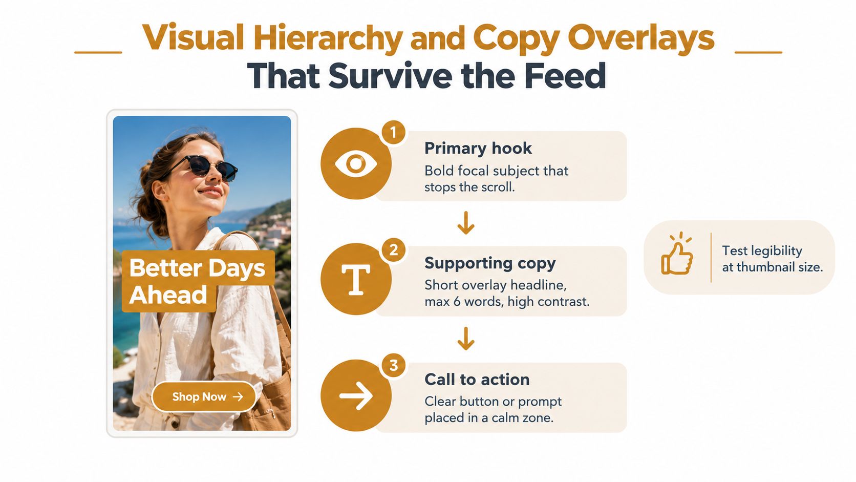 A diagram illustrating design principles for effective social media ads with clear visual hierarchy and copy.