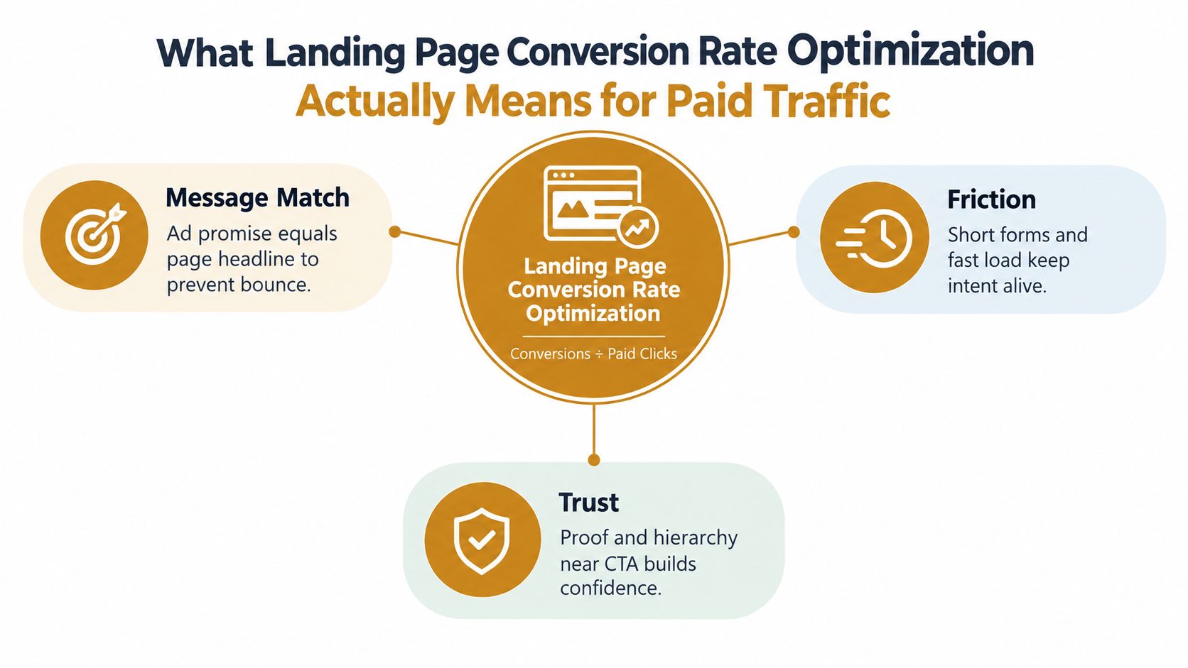 A diagram explaining landing page conversion rate optimization through three key pillars: message match, friction, and trust.