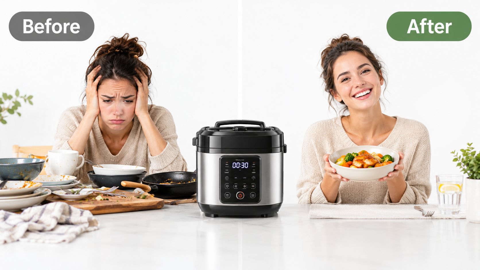 A split image showing a stressed woman cooking before using an electric pressure cooker, then smiling afterwards.
