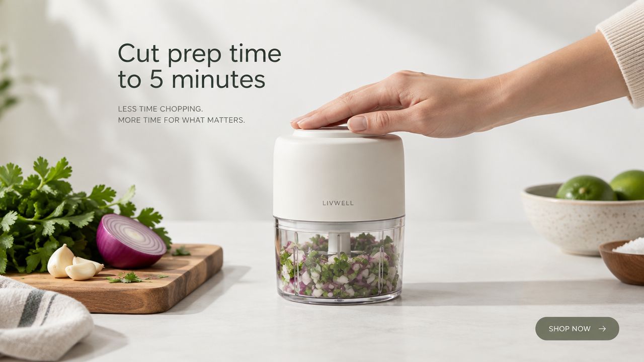 A hand presses the top of a compact white electric food chopper filled with chopped onions and herbs.