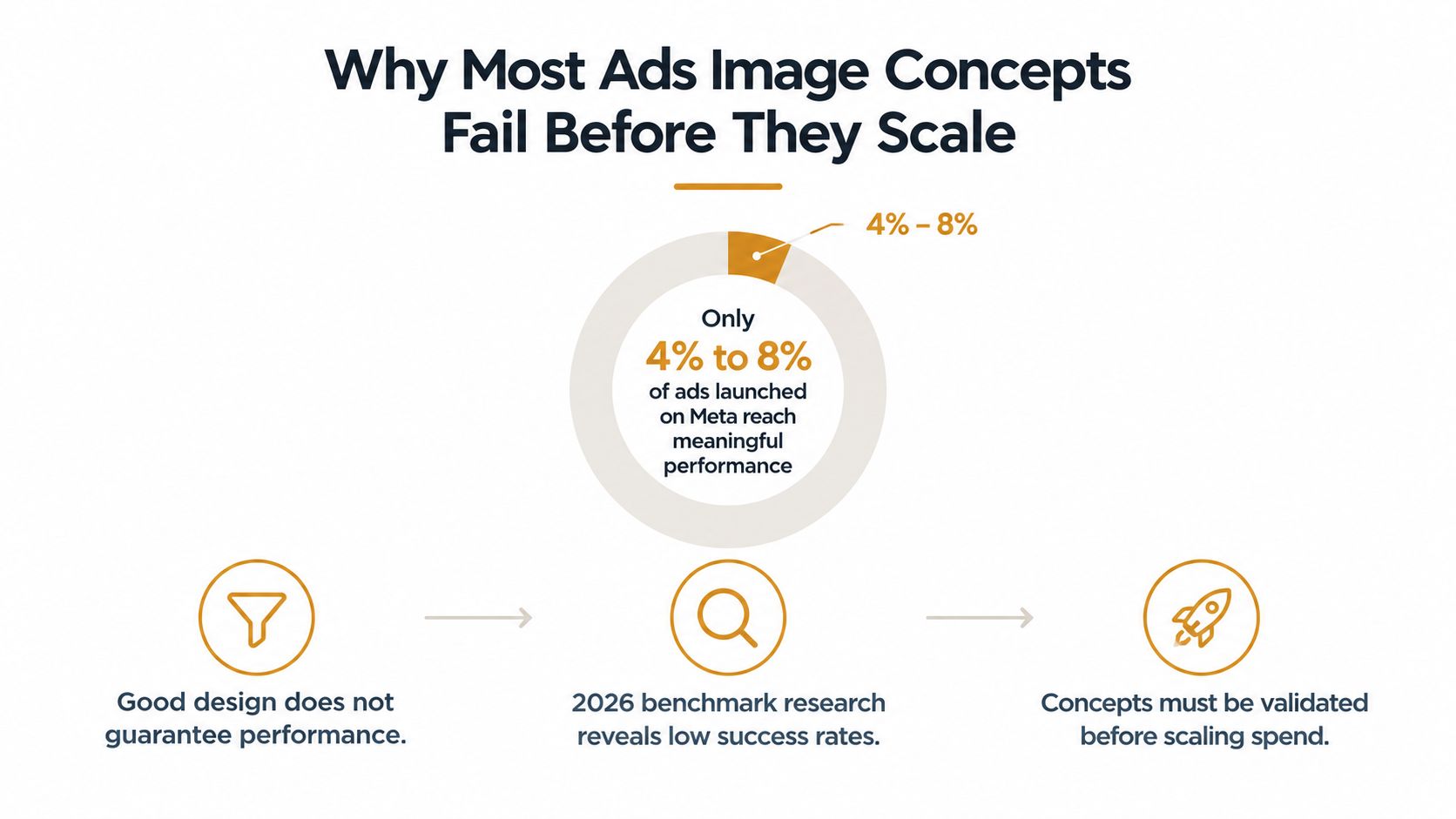 A graphic explaining why most ad image concepts fail to achieve meaningful performance on Meta platforms.