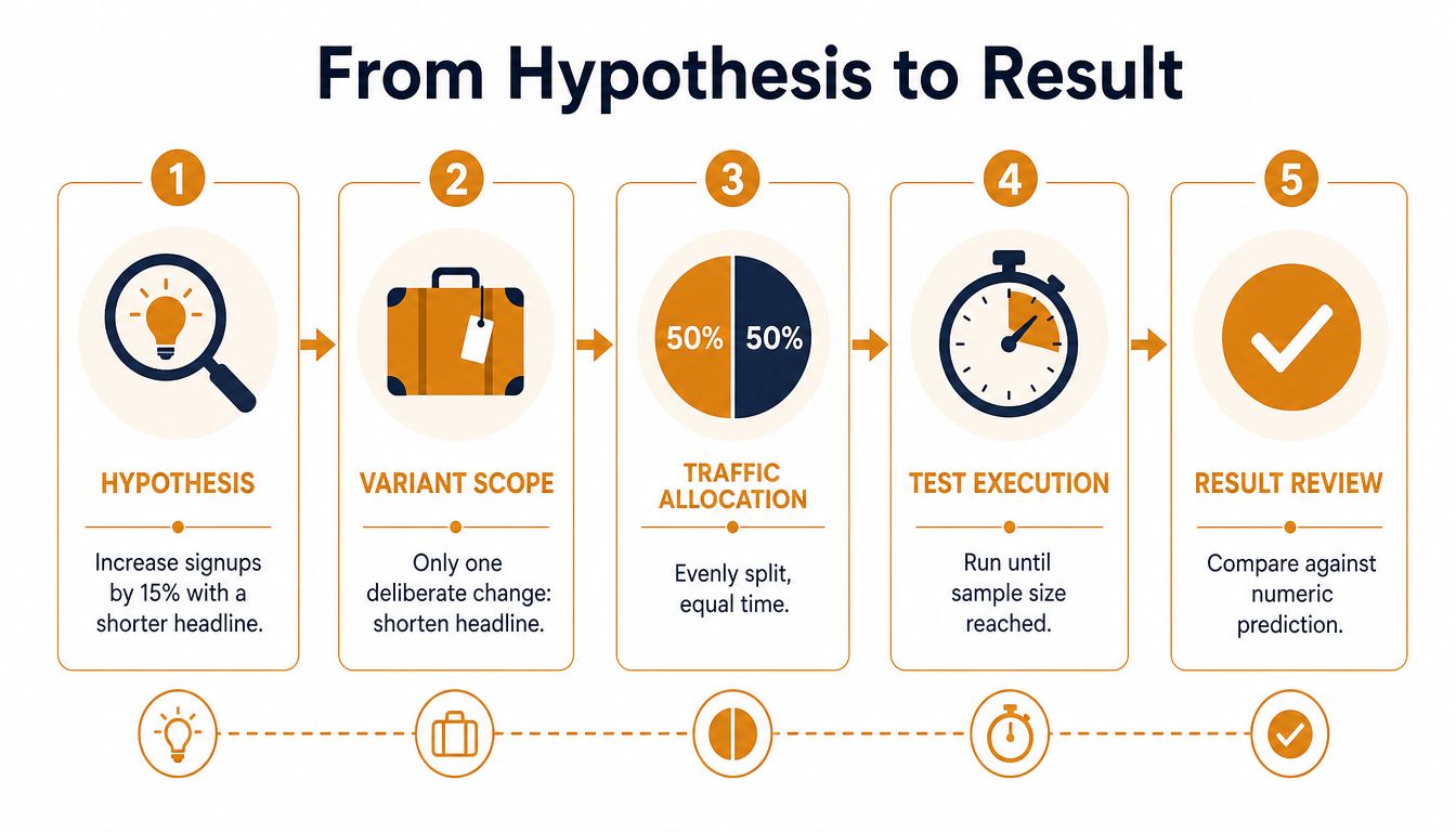 An infographic showing a five-step process for A/B testing from initial hypothesis to result review.