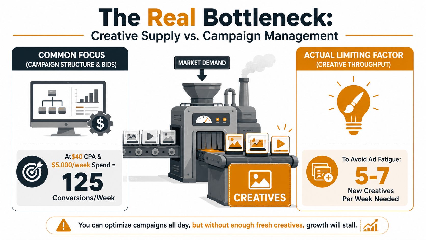 A diagram comparing campaign management focus with creative throughput as the real bottleneck for growth.