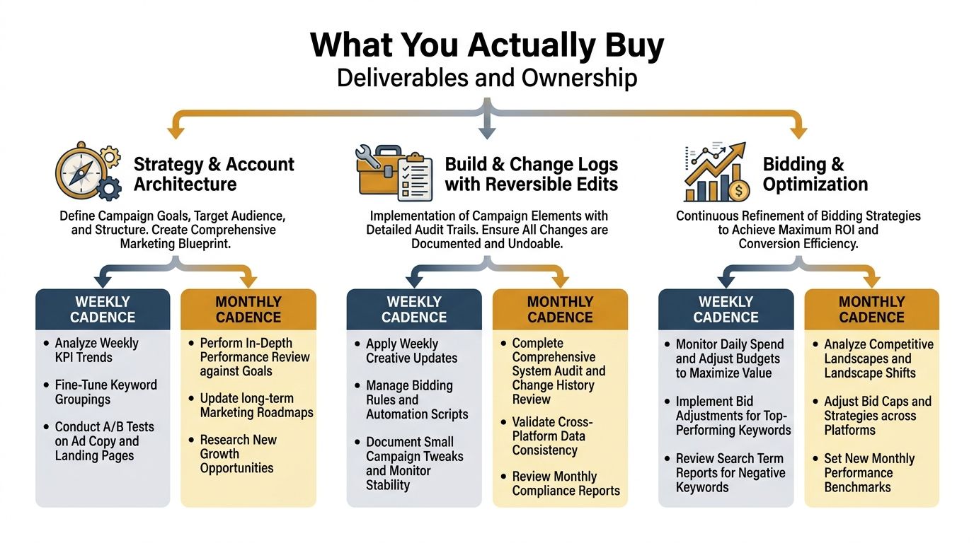 A diagram illustrating marketing deliverables and ownership, categorized by strategy, build logs, and bidding optimization tasks.