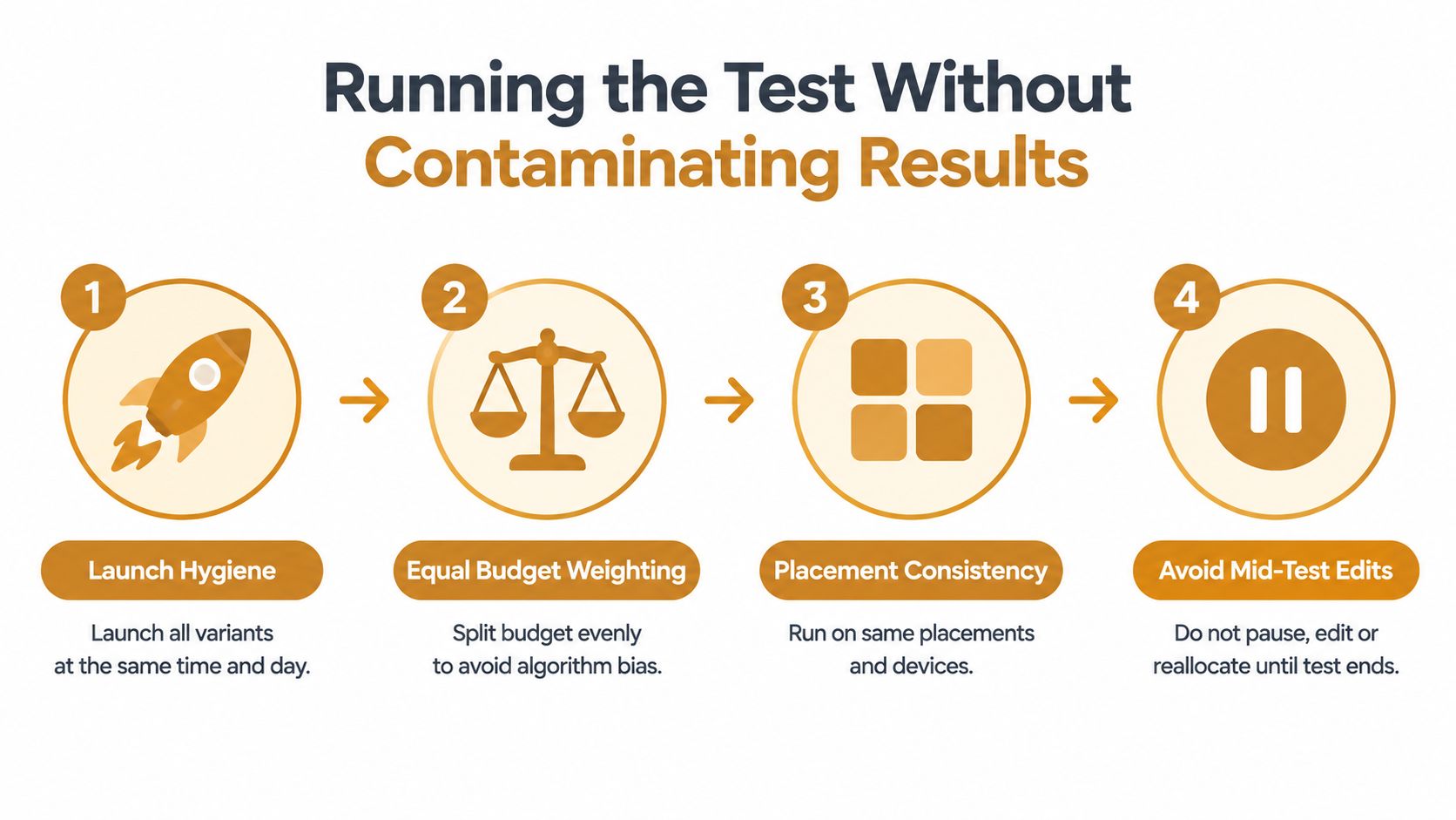 A four-step infographic illustrating best practices for running an unbiased advertising test without contaminating results.