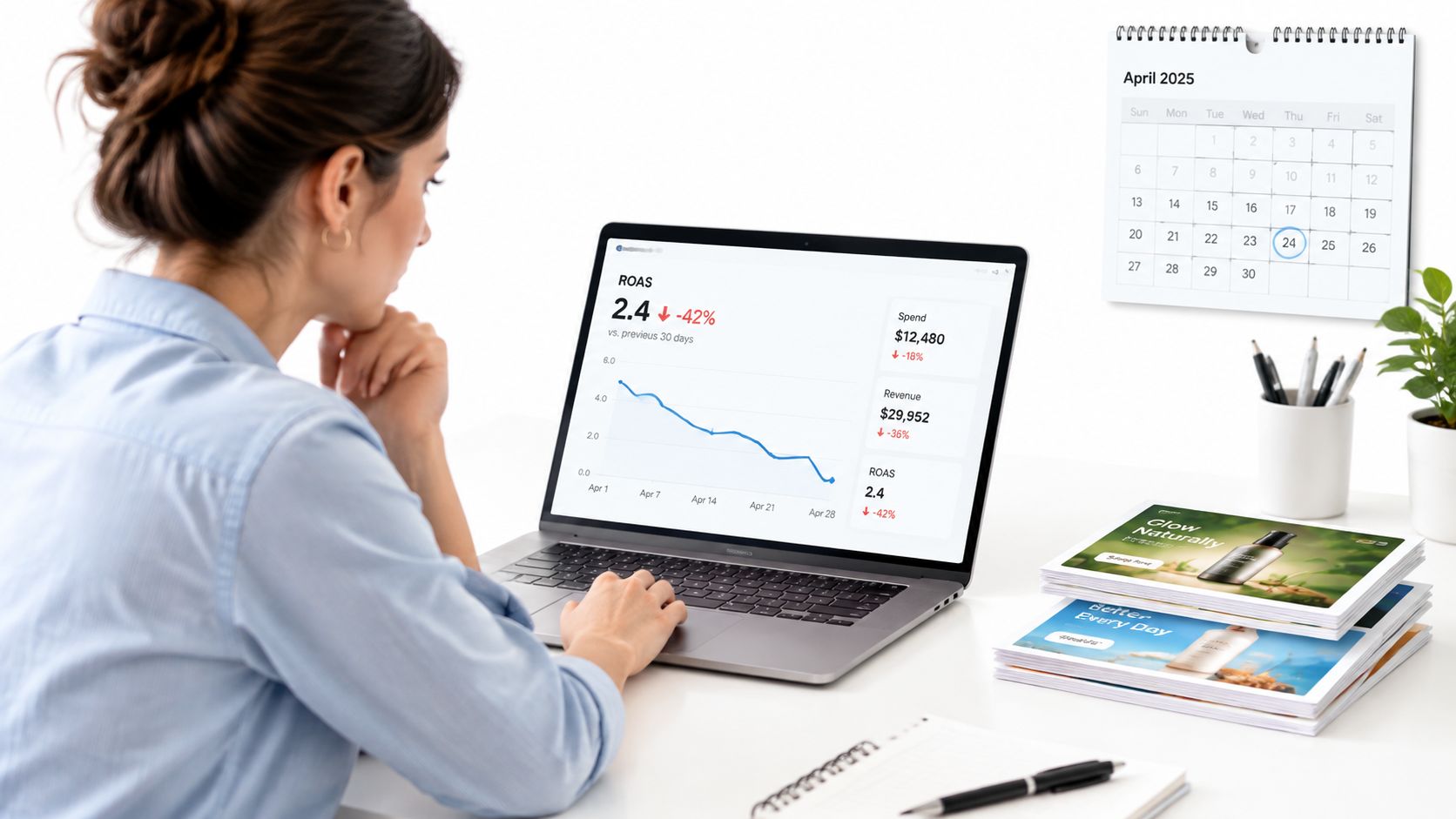 A professional woman analyzes marketing analytics data on her laptop in a bright office environment.