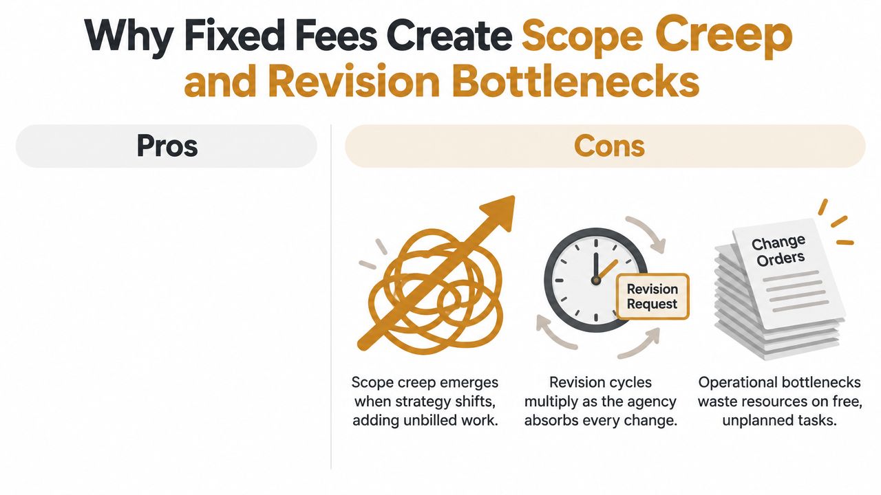 An infographic illustrating how fixed fee models create scope creep and operational bottlenecks in marketing agencies.